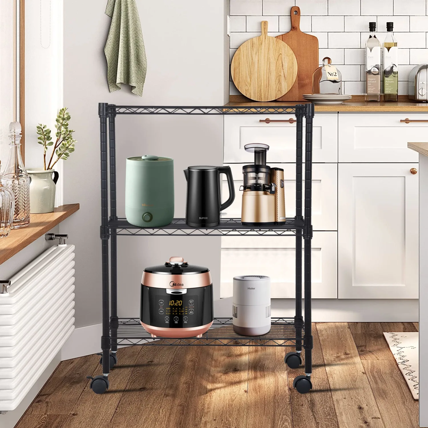 BestOffice | 3-Tier Wire Storage Shelves with Wheels | 23x13x31 | Black | Adjustable Racks | Heavy-Duty Metal Shelf, Holds Upto 170 lbs | No-Tool Assembly | Ideal for Home & Garage Shelving