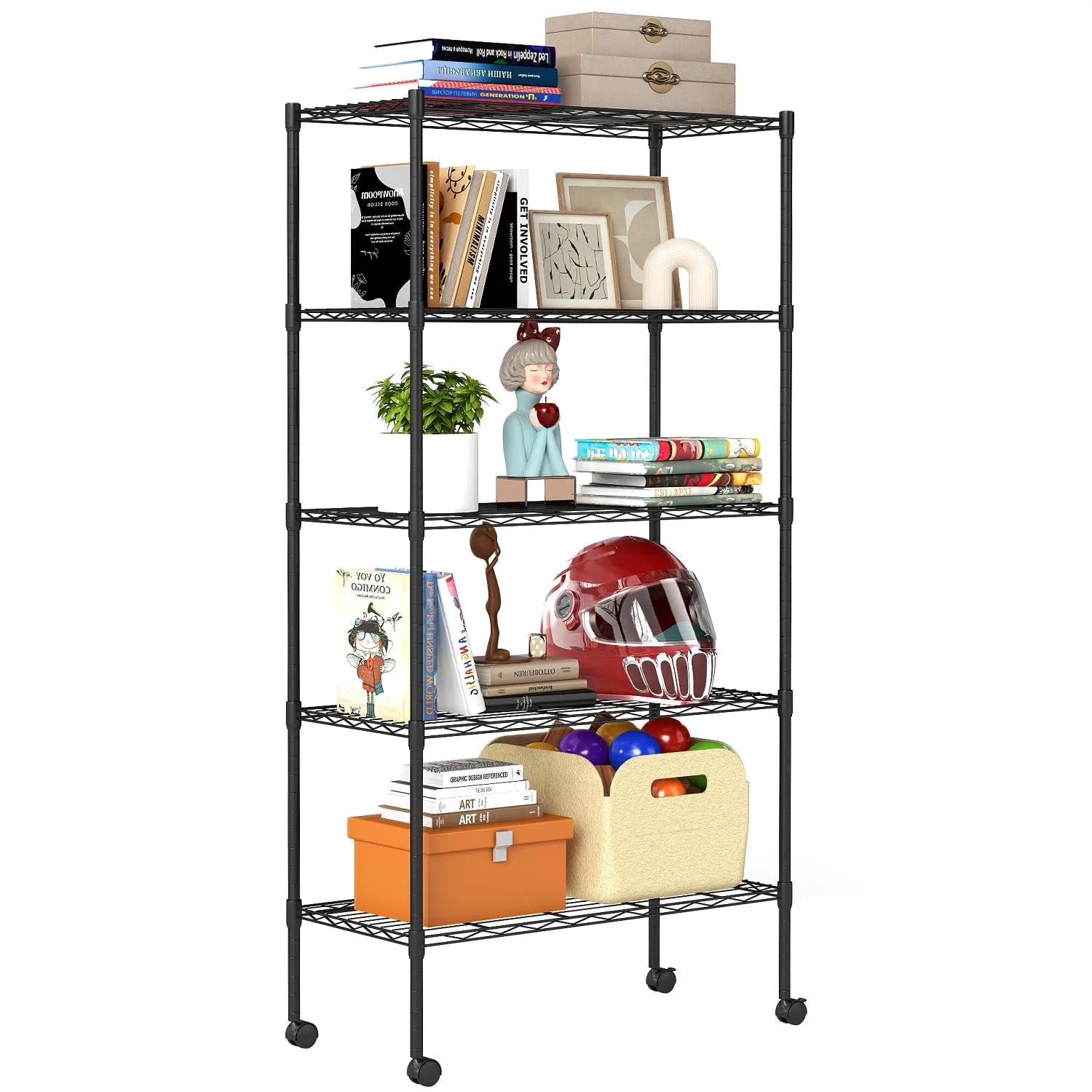 BestOffice | 5-Tier Wire Storage Shelves with Wheels | 14 x 30 x 61 | Black | with Adjustable Racks | Heavy-Duty Metal Shelf, Holds Upto 1250 lbs | No-Tool Assembly | Ideal for Home & Garage Shelving