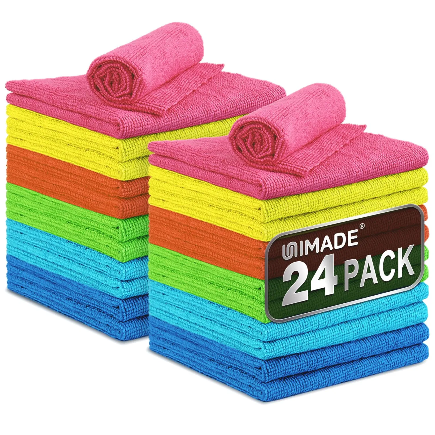 UNIMADE Microfiber Cleaning Cloth, 24 Pack Reusable Microfiber Towels for Cars Lint Free Cleaning Shop Towel Rags for Home Kitchen Automotive Bar Mechanic Restaurant Garage, 11"x 12", Multicolor