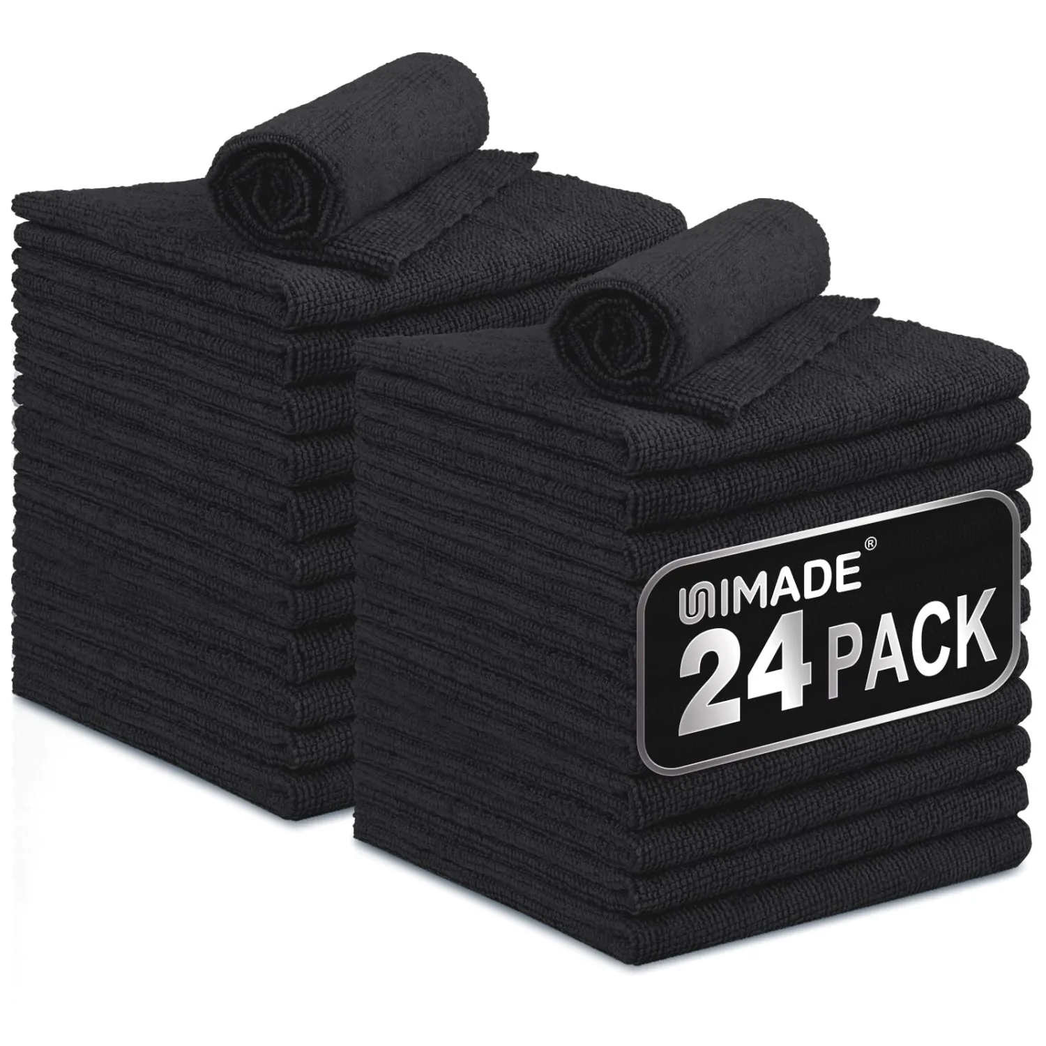 UNIMADE Microfiber Cleaning Cloth, 24 Pack Reusable Microfiber Towels for Cars Lint Free Cleaning Shop Towel Rags for Home Kitchen Automotive Bar Mechanic Restaurant Garage, 11"x 12", Black