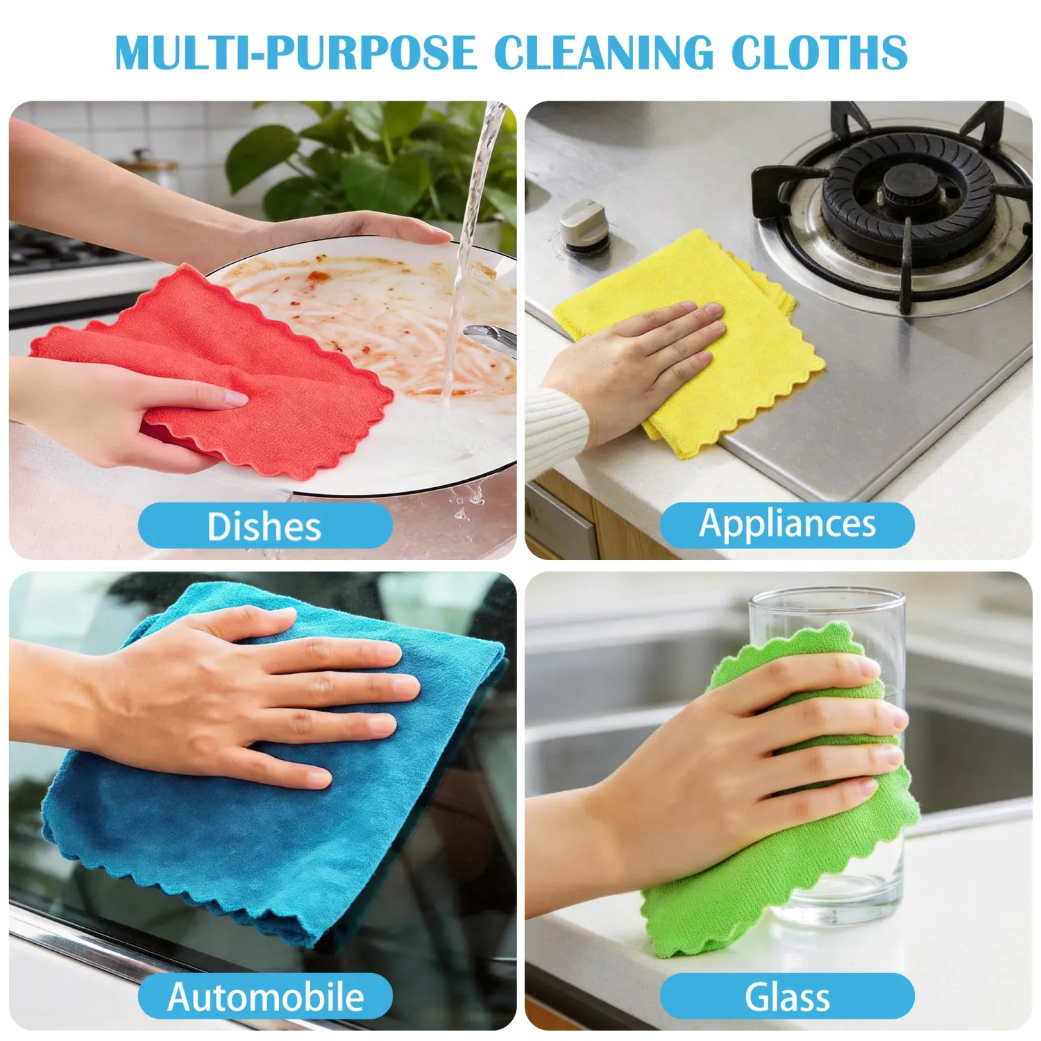 Puomue Microfiber Cleaning Cloth, 24 Pack Highly Absorbent Cleaning Rags, 4 Color Mix, Reusable, Soft and Lint Free Cleaning Supplies for Window, Household and Kitchen, 12 Inch X 10.6 Inch
