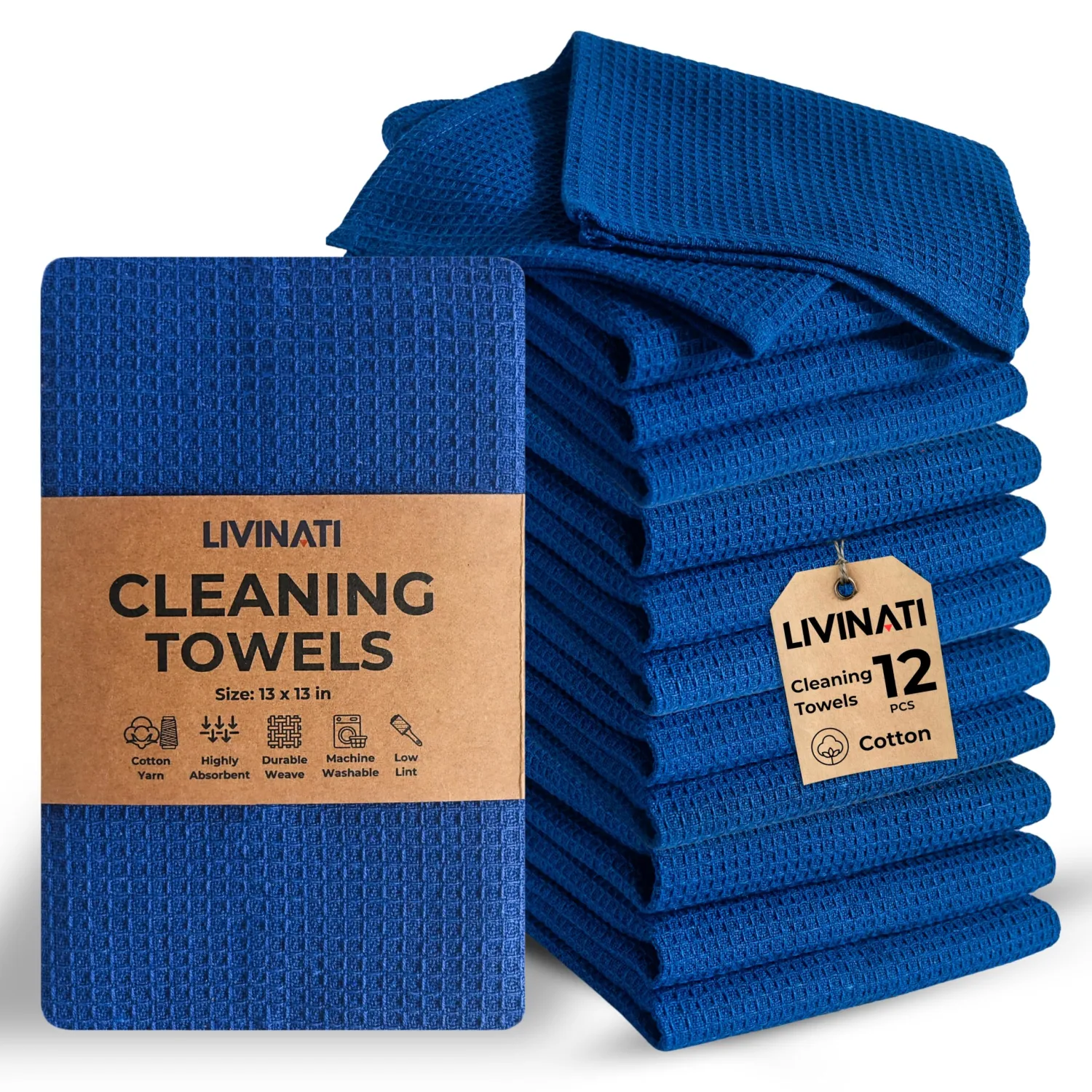 Royal Blue Cotton Cleaning Rags For Housekeeping - Trapos Paños De Limpieza Reutilizables - Kitchen Bar Shop Towel Dish Mop Wash Cloth For House - Reusable Washable Absorbent - 13"x13" 12 Pack
