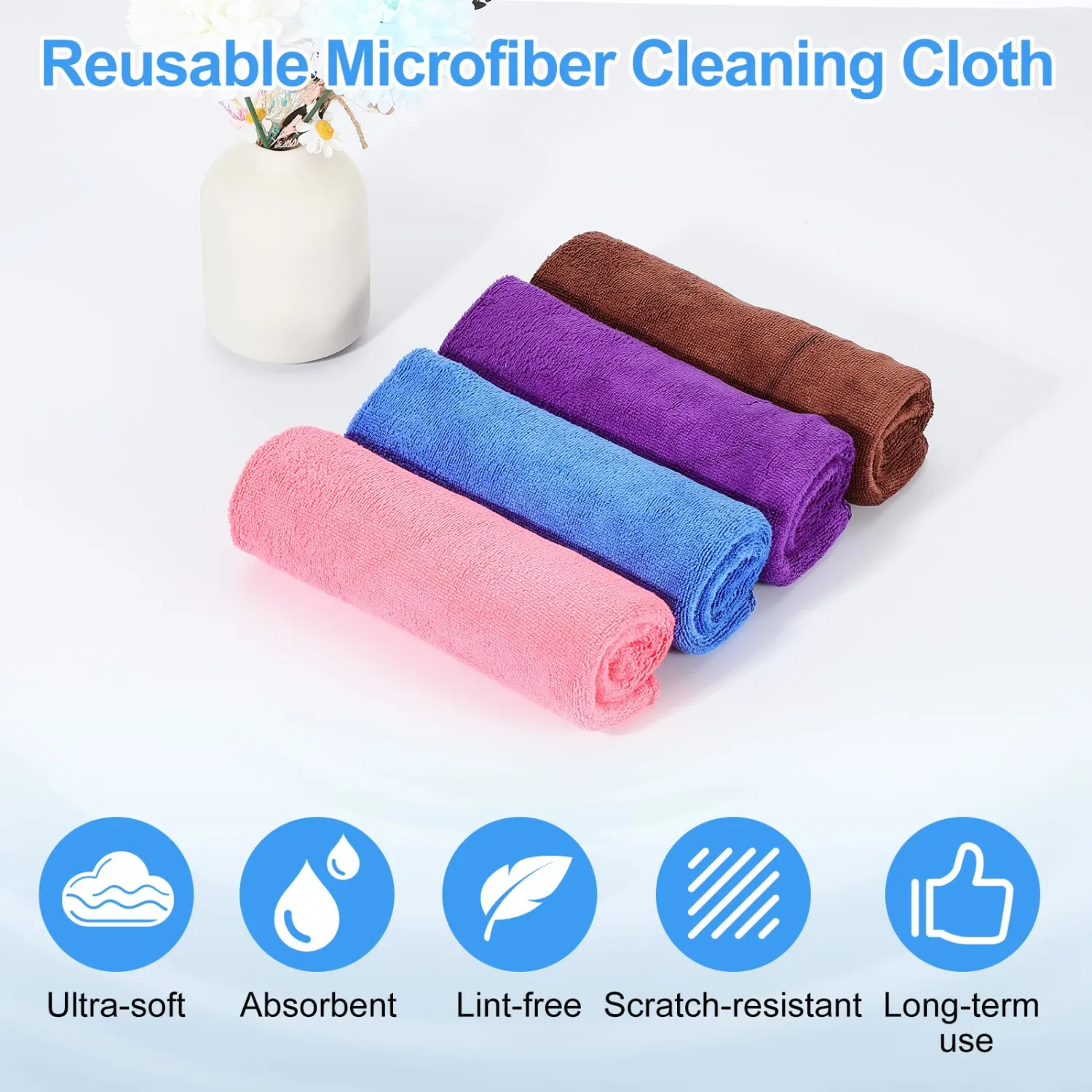 HARFINGTON 4 Pack Microfiber Cleaning Cloth, 8" x 8" Multi-Functional Cleaning Towels Reusable Absorbent Rags with Hook for Car Wash Kitchen Household Window Clean, Brown