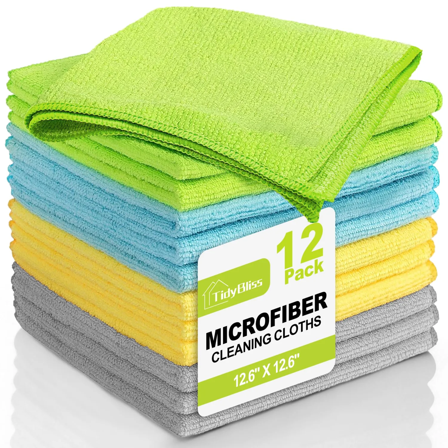 Microfiber Cleaning Cloth 12 Pack, Lint-Free Rags, 12.6” x 12.6”, Reusable Micro Fiber Dusting Towels for House Kitchen Bathroom Car (Green/Blue/Yellow/Grey)