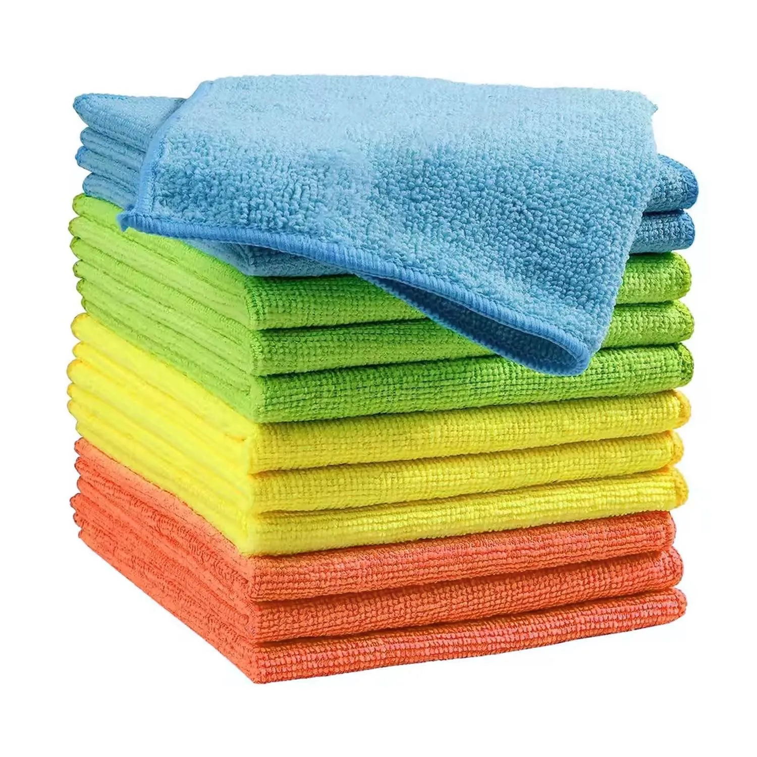 Microfiber Cleaning Cloths (12-Pack), 14" x 14", Ultra Absorbent, Lint-Free, Streak-Free, Reusable, Ideal for Car, Kitchen, Window, and Household Cleaning (Orange/Yellow/Green/Blue)