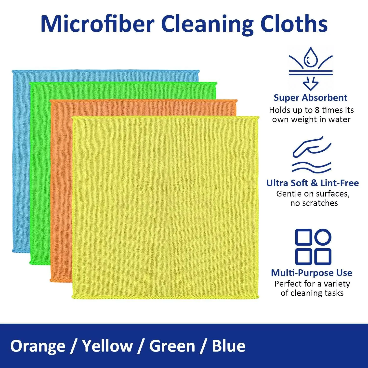 Microfiber Cleaning Cloths (12-Pack), 14" x 14", Ultra Absorbent, Lint-Free, Streak-Free, Reusable, Ideal for Car, Kitchen, Window, and Household Cleaning (Orange/Yellow/Green/Blue)