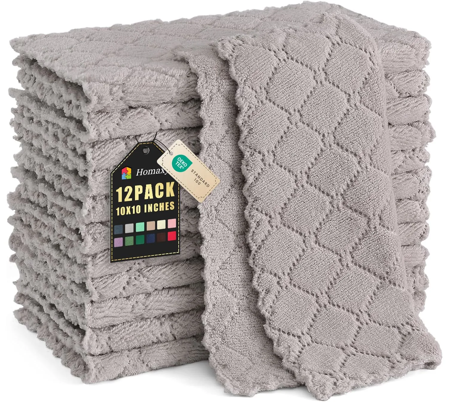 Homaxy 12 Pack Kitchen Dish Cloths (10 x 10 Inches, Grey), Super Soft and Absorbent Coral Velvet Dish Towels, Nonstick Oil Fast Drying Microfiber Cleaning Cloth, No Lint Household Dishcloths