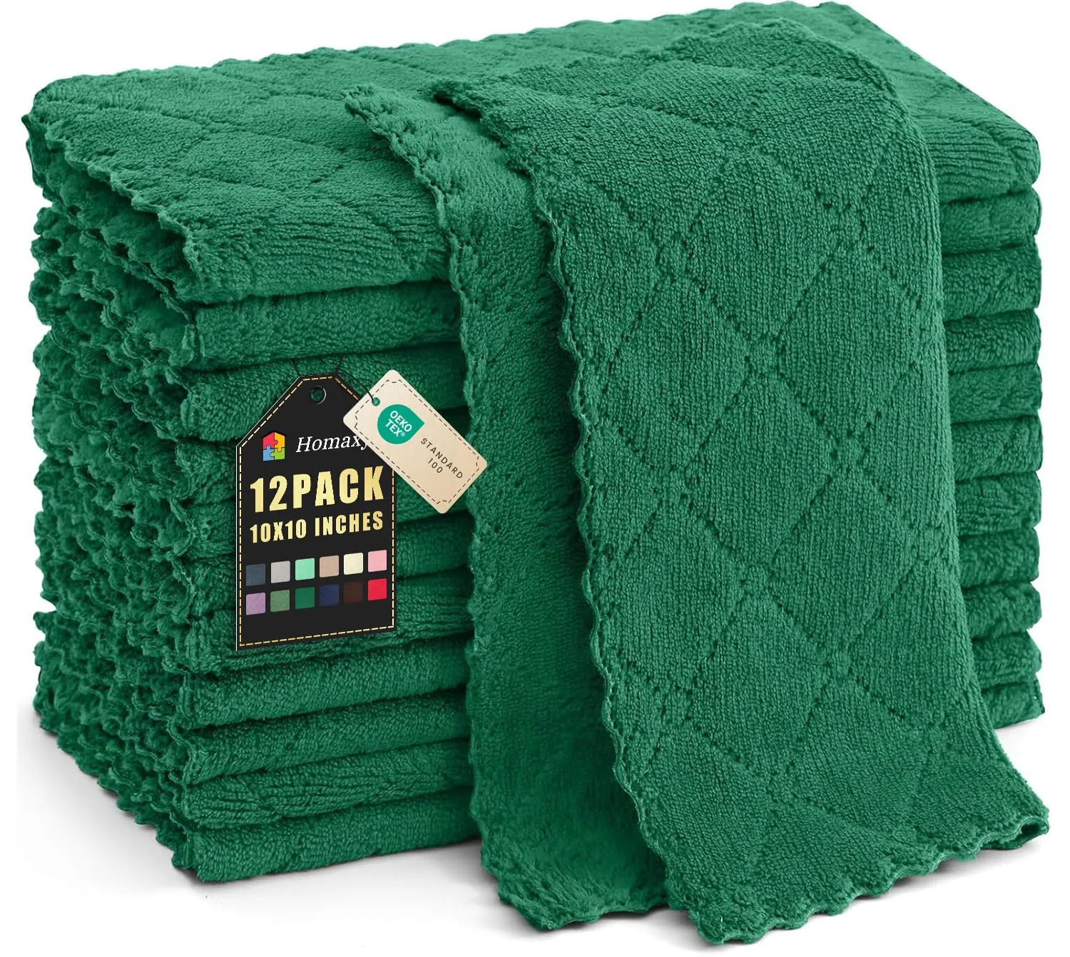 Homaxy 12 Pack Kitchen Dish Cloths (10 x 10 Inches, Dark Green), Super Soft and Absorbent Coral Velvet Dish Towels, Nonstick Oil Fast Drying Microfiber Cleaning Cloth, No Lint Household Dishcloths