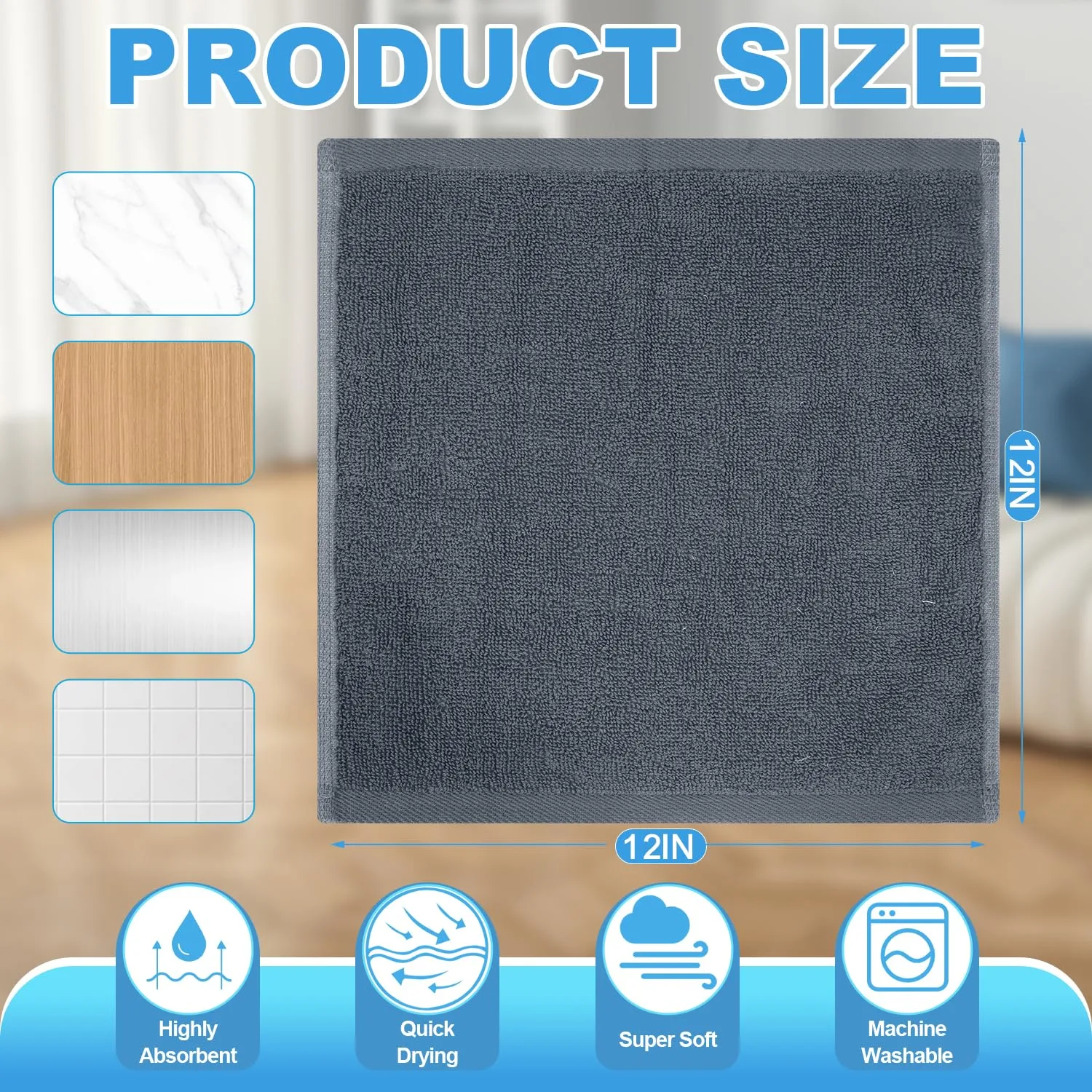 6 Pack 100% Cotton Wash Cloth, 12x12Inch Highly Absorbent and Soft Feel Fingertip Towels, Machine Washable Washcloths for Bathroom, Gym, Hotel, Spa and Kitchen, Grey