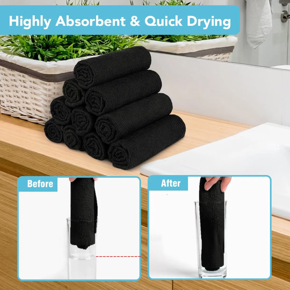 Orighty Washcloths Towels Set 10 Pack, Highly Absorbent and Soft Feel Microfiber Face Cloths, Multi-Purpose Wash Cloths & Hand Towels for Bathroom, Hotel, Spa, and Gym, 11.5x11.5 Inch, Black
