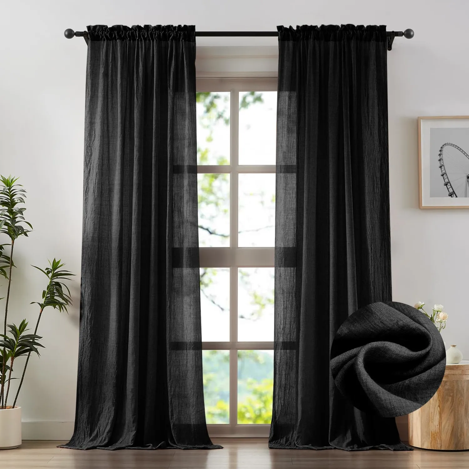 Anpark Elegant Black Sheer Curtains 72 Inches Long for Bedroom, Natural Cotton Textured Light Filtering Crinkle Sheer Drapes Rod Pocket Voile Window Curtains for Living Room, W52 x L72 in, 2 Panels