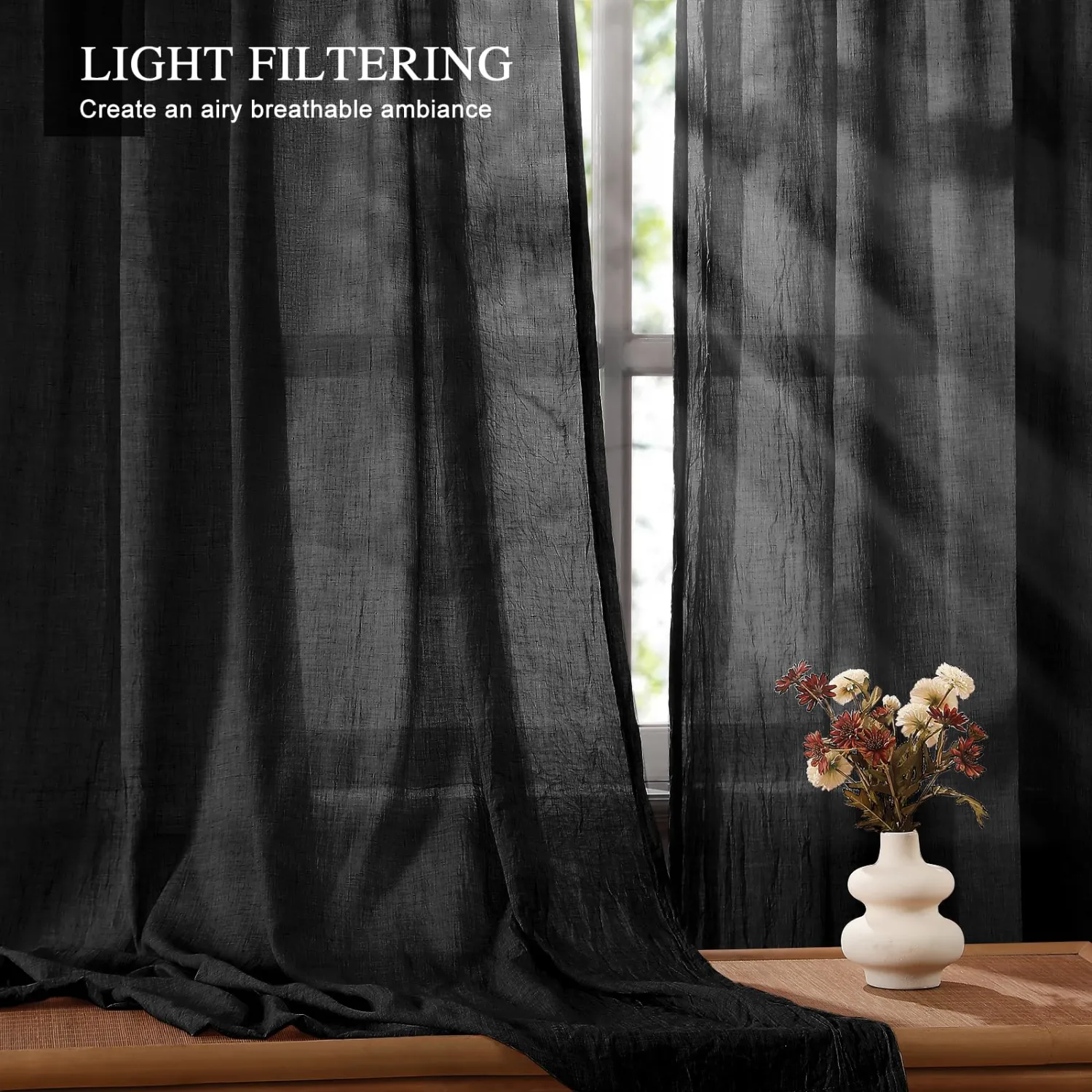 Anpark Elegant Black Sheer Curtains 72 Inches Long for Bedroom, Natural Cotton Textured Light Filtering Crinkle Sheer Drapes Rod Pocket Voile Window Curtains for Living Room, W52 x L72 in, 2 Panels