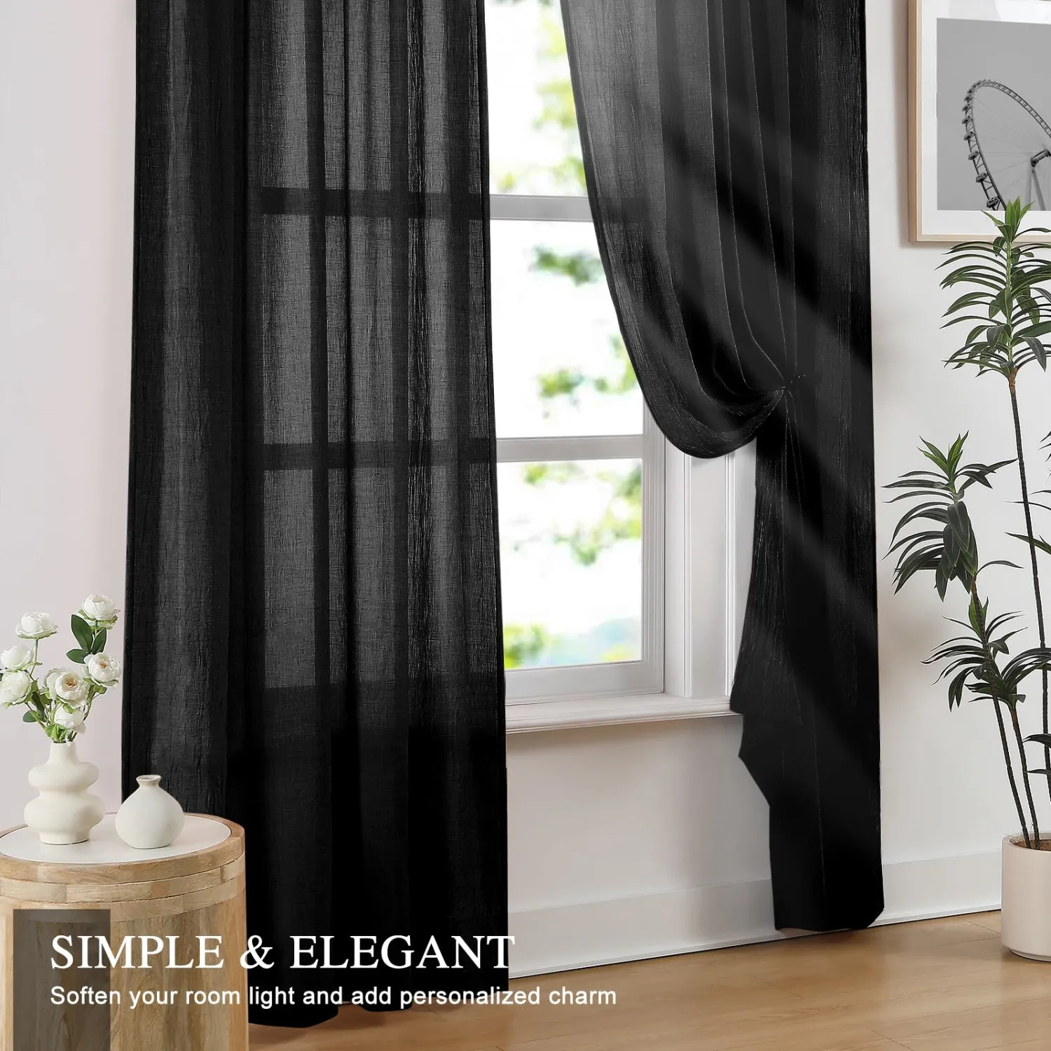 Anpark Elegant Black Sheer Curtains 72 Inches Long for Bedroom, Natural Cotton Textured Light Filtering Crinkle Sheer Drapes Rod Pocket Voile Window Curtains for Living Room, W52 x L72 in, 2 Panels