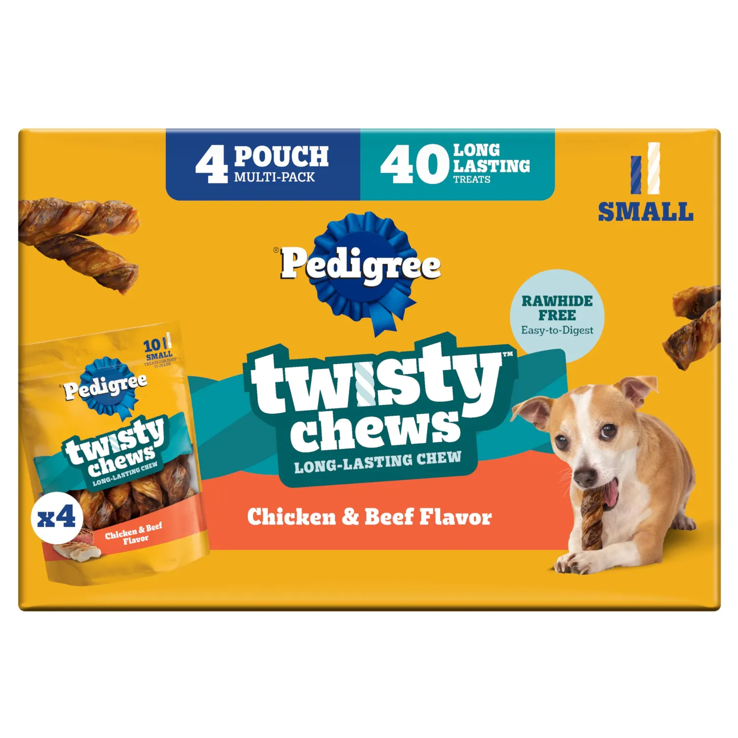 Pedigree Twisty Chews Small Long-Lasting Dog Treats Chicken & Beef Flavor, 9.17 oz. Pouch, Pack of 4 (40 Count)