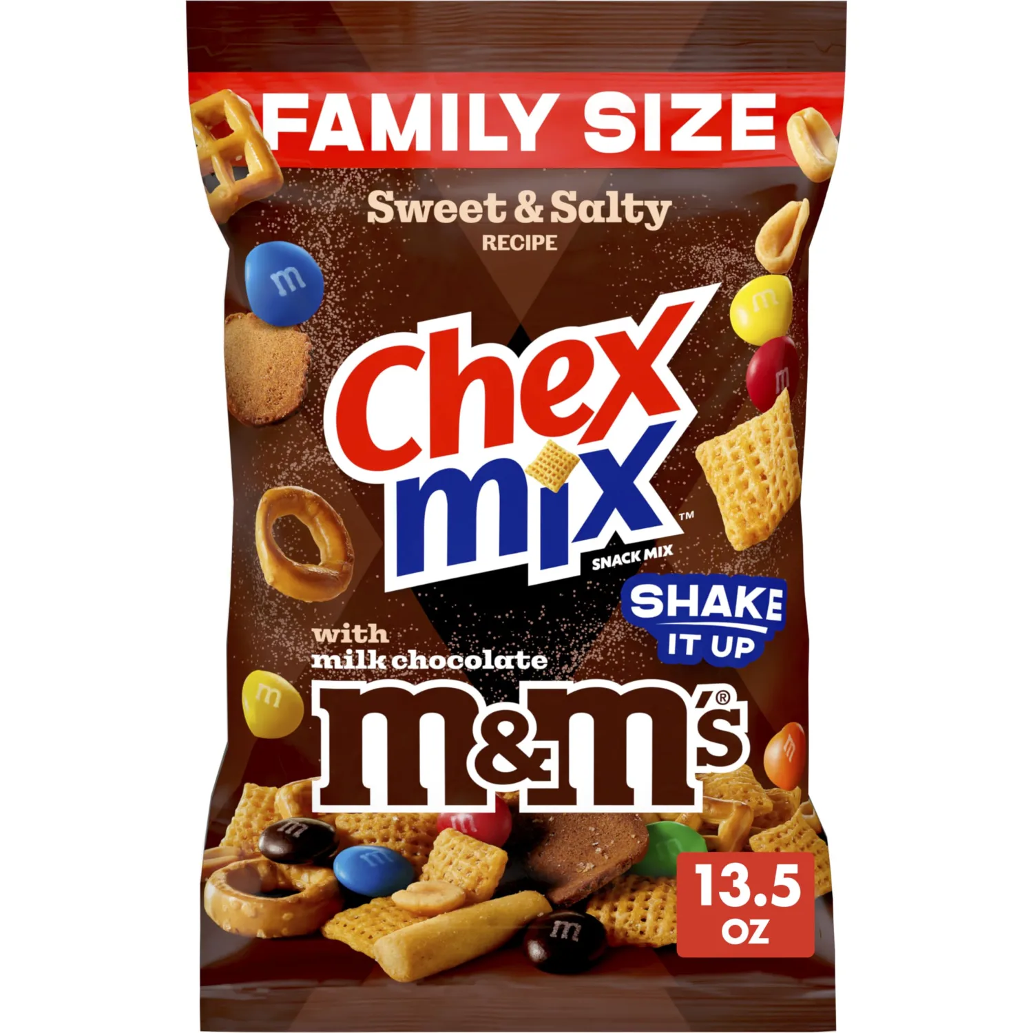 Chex Mix Sweet and Salty Recipe Snack Mix, with M&Ms Milk Chocolate Candies, Family Size, 13.5 oz