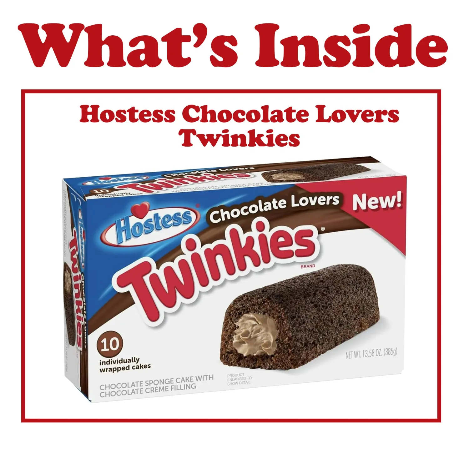 Hostess Chocolate Cake Twinkies, 10-Count Individually Wrapped Chocolate Sponge Cake Snack with Creamy Filling, Mini Cakes for On-The-Go Snacking, Lunchboxes, Parties, Goodie Bag Filler