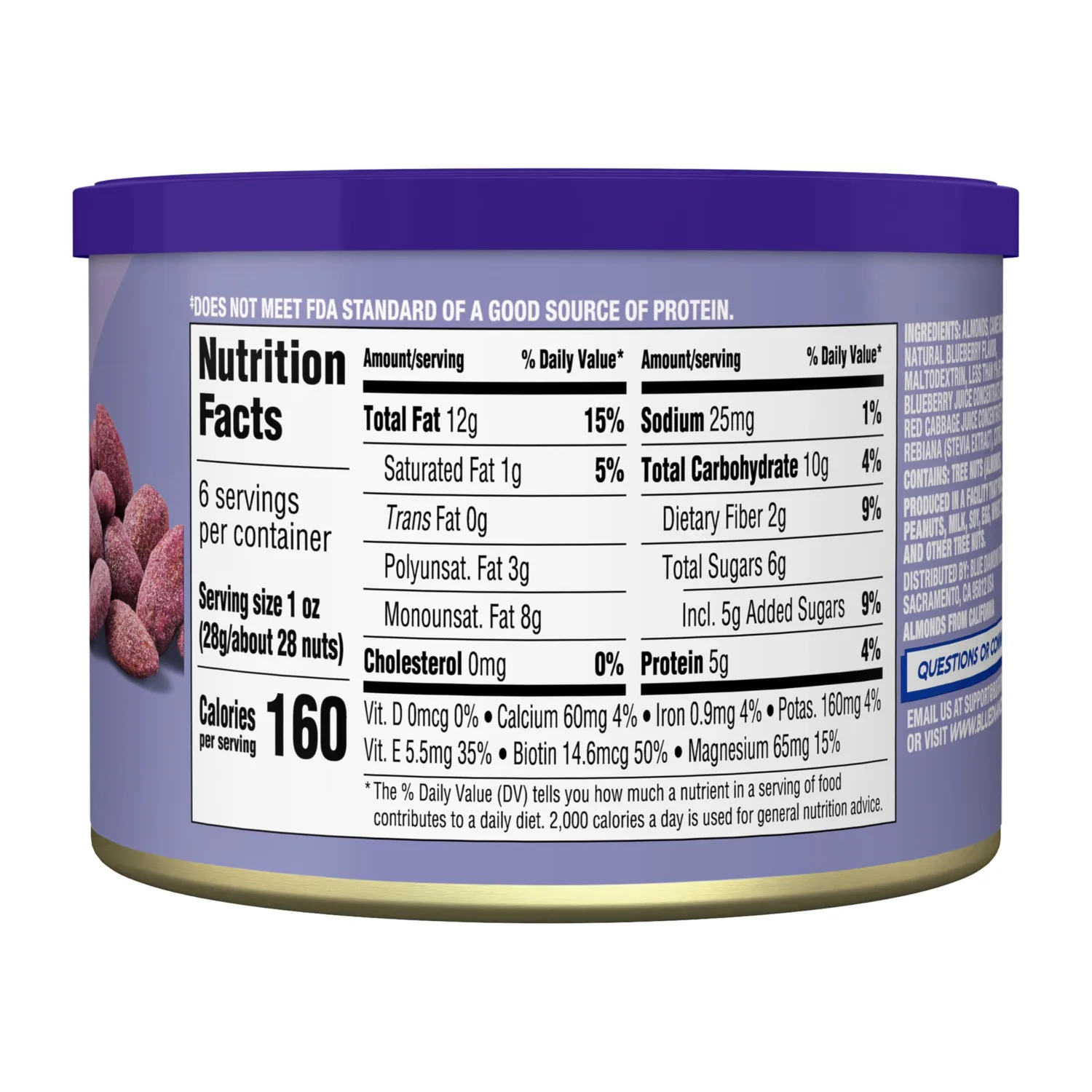 Blue Diamond Almonds, Classic Blueberry Flavored Sweet Snack Nuts, Non-GMO, Kosher, and No Gluten Ingredients or Artificial Flavors, Great size for On-the-go, Lunch, Adults and Kids, 6oz Can