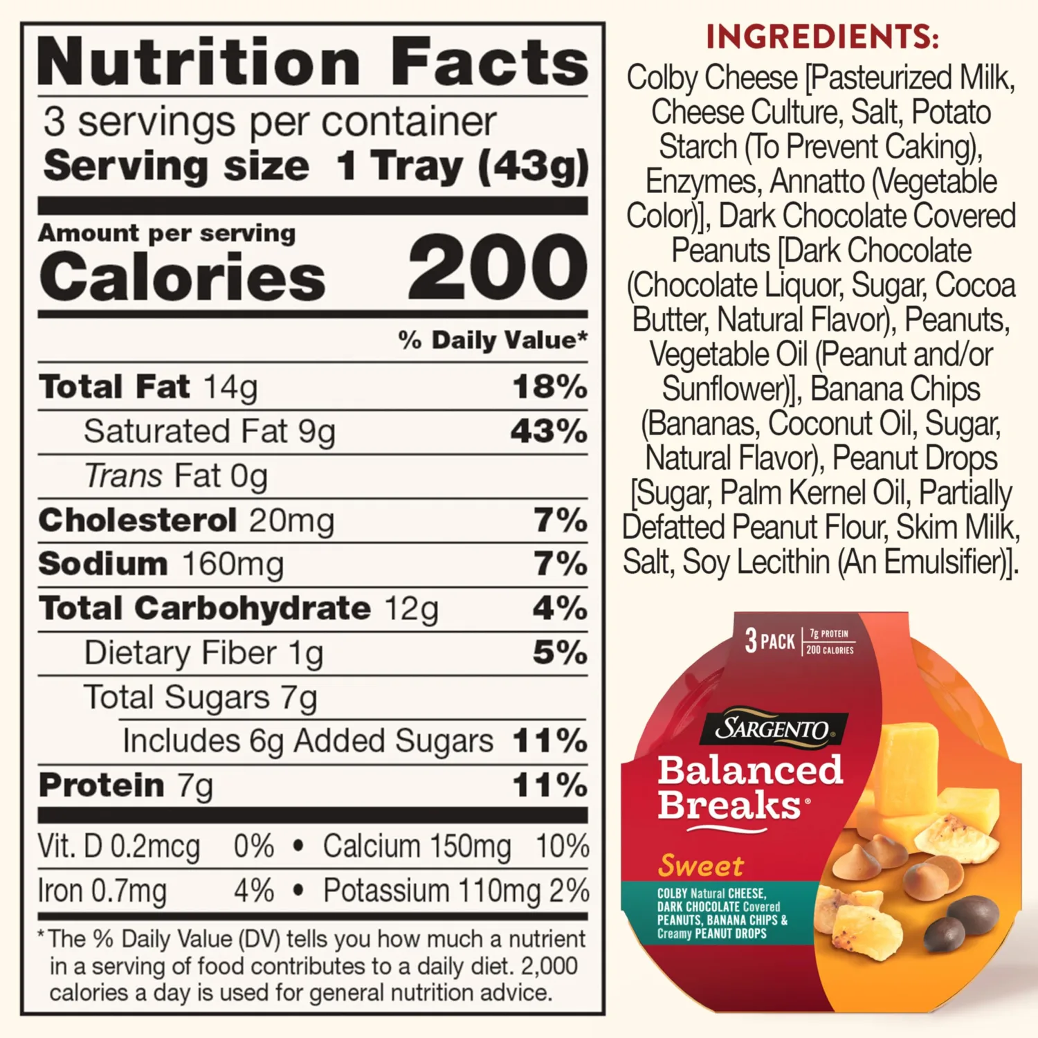 Sargento Sweet Balanced Breaks Colby Natural Cheese, Dark Chocolate Covered Peanuts, Banana Chips and Creamy Peanut Drops Snack Kit, 3-Pack
