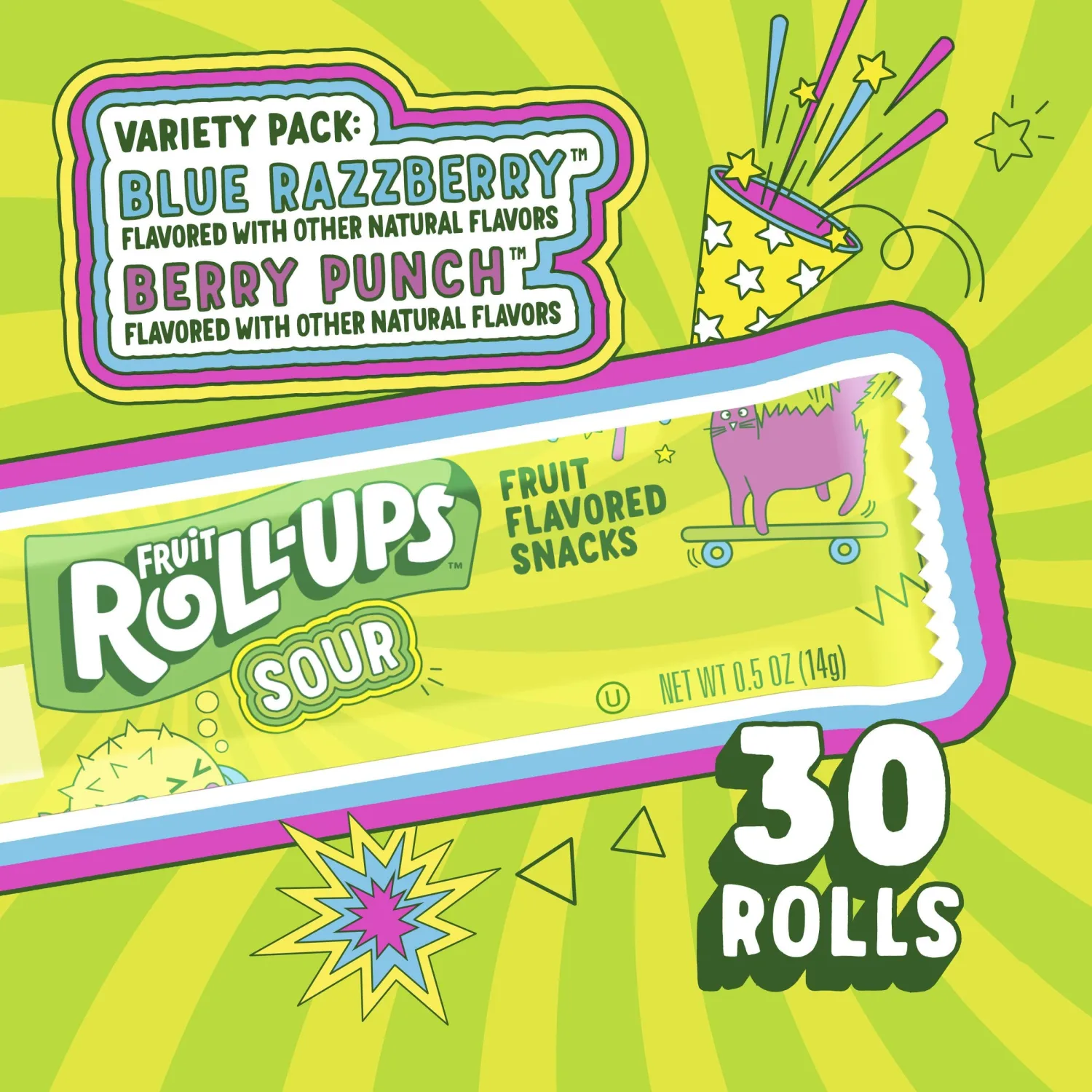 Fruit Roll-Ups Sour Fruit Flavored Snacks, Blue Razzberry & Berry Punch Flavors, Variety Pack, 15 oz (30 Count)