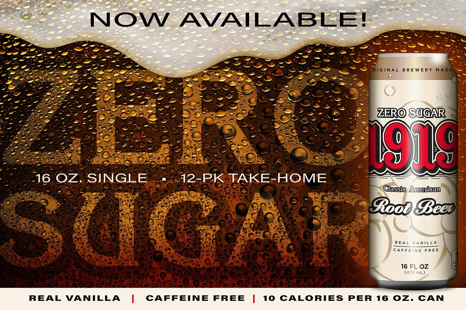 1919 Zero Sugar Draft Root Beer Soda, 16oz Cans, Caffeine-Free, Sugar Free and Real Vanilla, Small Batch, Creamy, Full Bodied, Family-Founded, Birthday Parties, Sporting Events, Made in USA, 12-Pack