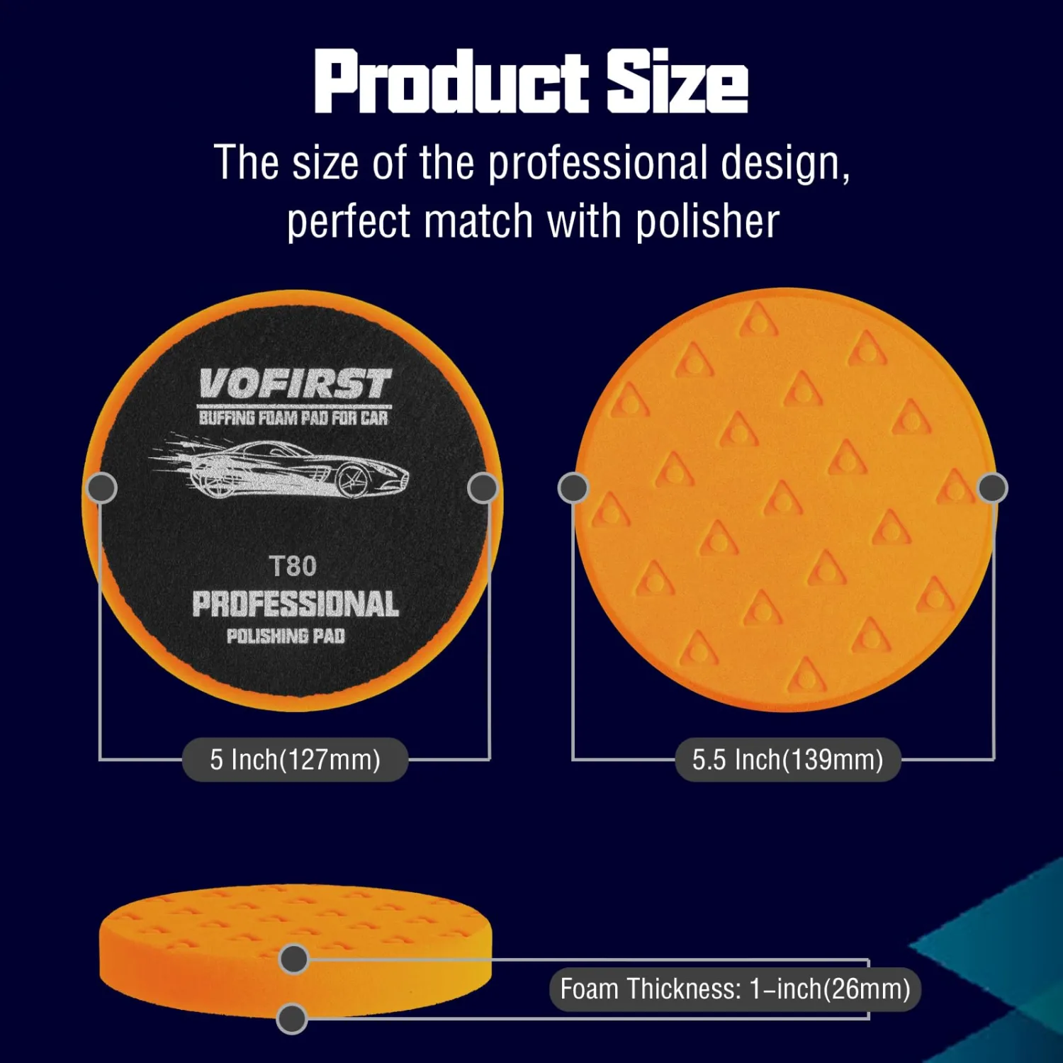 3 Pcs Polishing Pad, Orange Heacy Cut Buffing Pads, 5.5 Inch Face for 5 Inch 125mm Backing Plate Compound Buffing Sponge Pads for Car Buffer Boat Polisher Compounding, Polishing & Waxing