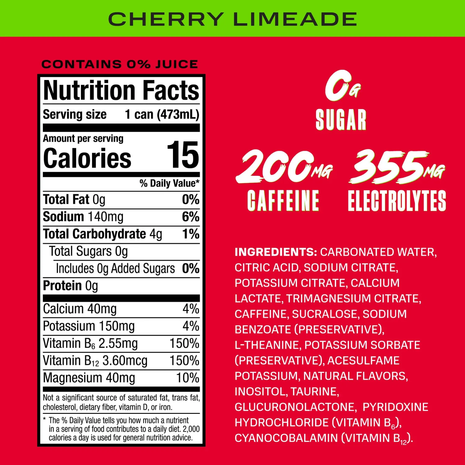 PRIME Energy CHERRY LIMEADE, Sugar Free Energy Drink, 200mg Caffeine and 355mg of Electrolytes for Hydration, Low Calorie, Vegan, Gluten Free, 16 Fluid Ounce Can
