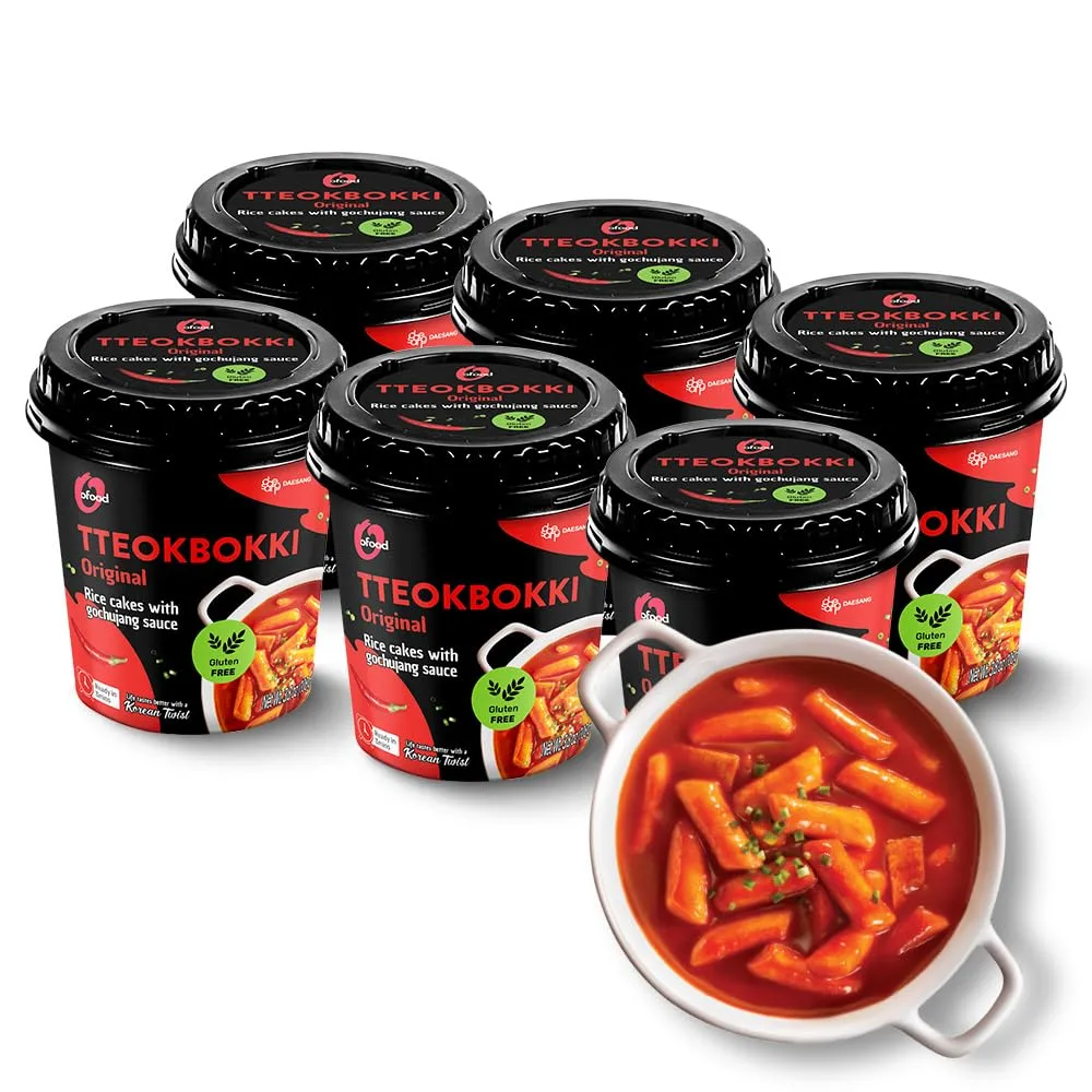 Spicy Cup Tteokbokki Instant Rice Cakes Korean – [Original (Gochujang) | Pack of 6] – Ready in 3 Minutes | Gluten-Free, Chewy, Quick & Easy Meal | Street Food Snack | 0 Cholesterol/ 0 Trans Fat - O’food