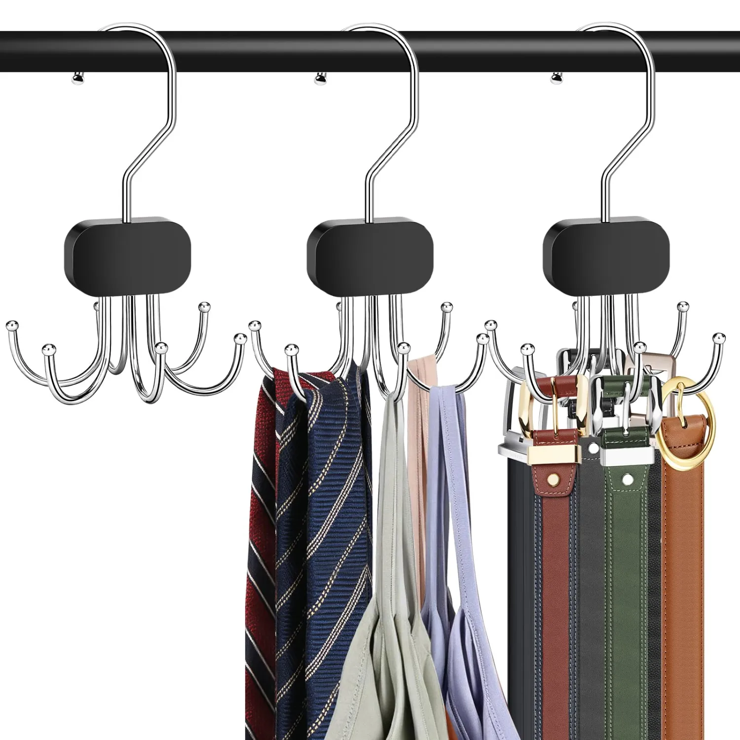 Belt Hanger for Closet, 3PCS Belt Organizer for Closet 360°Rotating Max 72 Belt, Tie Rack Hanger for Closet Tie Organizer for Closet Belt Holder for Closet for Belt,Tie,Tank Top,Bra,Scarf,Hat