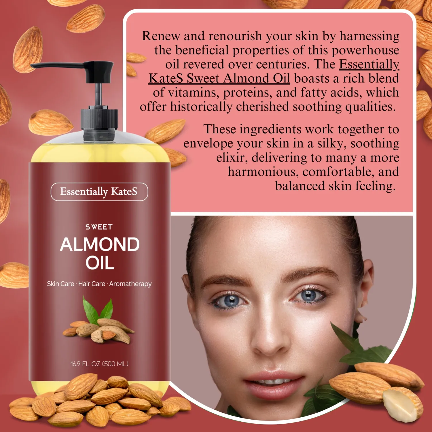 Essentially KateS Sweet Almond Oil 16.9 fl oz - 100% Pure and Natural and Cold Pressed