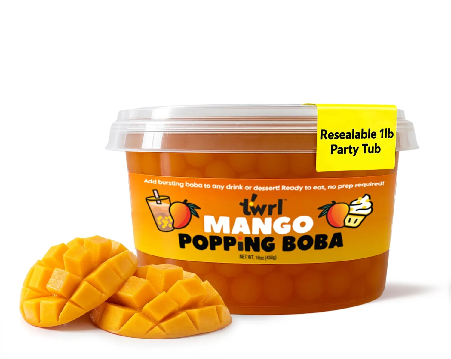 Twrl Mango Popping Boba Pearls for Bubble Tea, Bursting Tapioca Pearl Toppings for Drinks & Desserts, Juicy Popping Pearls, Vegan, Gluten-Free, Ready to Enjoy, 1LB Tub