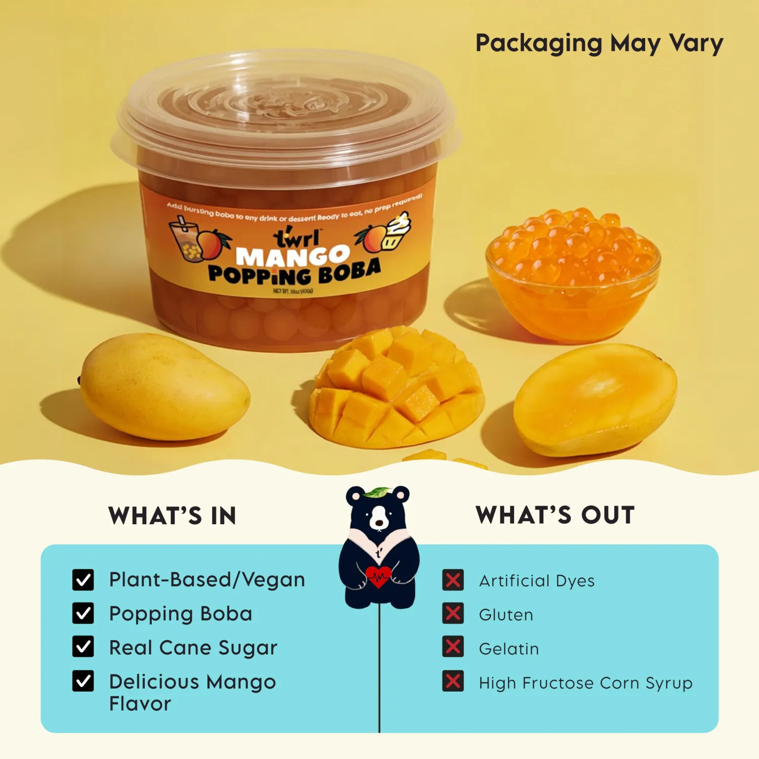 Twrl Mango Popping Boba Pearls for Bubble Tea, Bursting Tapioca Pearl Toppings for Drinks & Desserts, Juicy Popping Pearls, Vegan, Gluten-Free, Ready to Enjoy, 1LB Tub