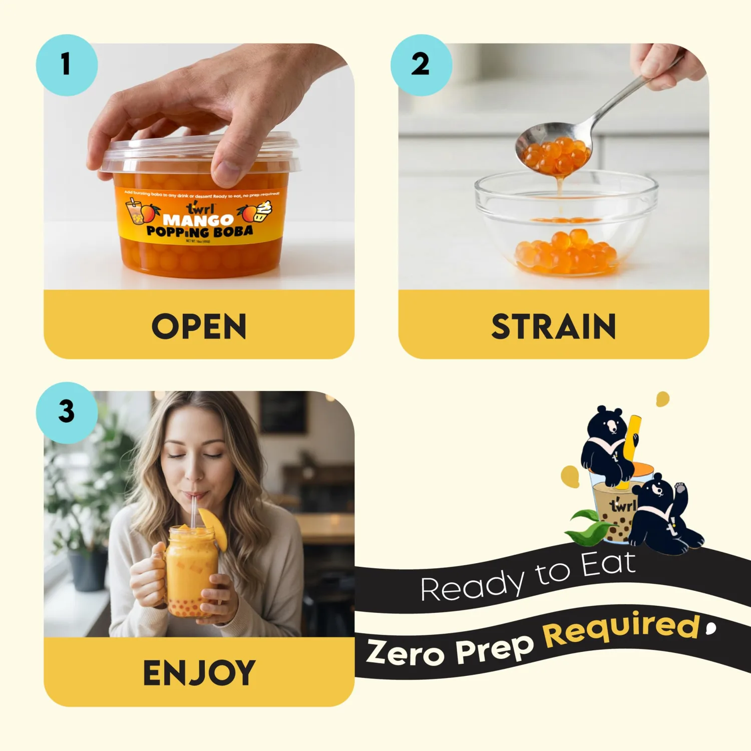 Twrl Mango Popping Boba Pearls for Bubble Tea, Bursting Tapioca Pearl Toppings for Drinks & Desserts, Juicy Popping Pearls, Vegan, Gluten-Free, Ready to Enjoy, 1LB Tub