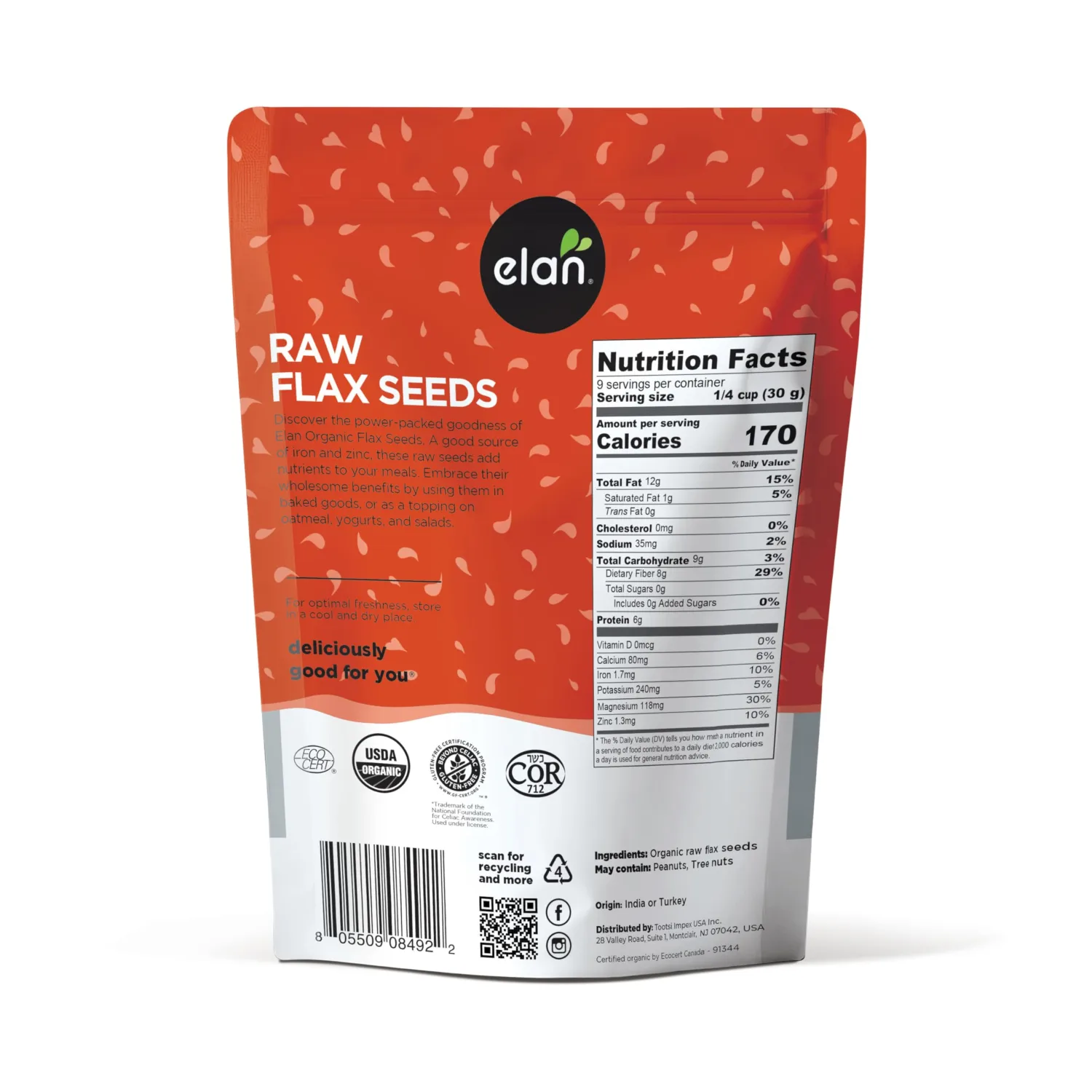 Elan Organic Flax Seed, 9 oz, Whole Seeds, Raw Seeds, Non-GMO, Vegan, Gluten-Free, Kosher, High in Fiber, Gels Easily