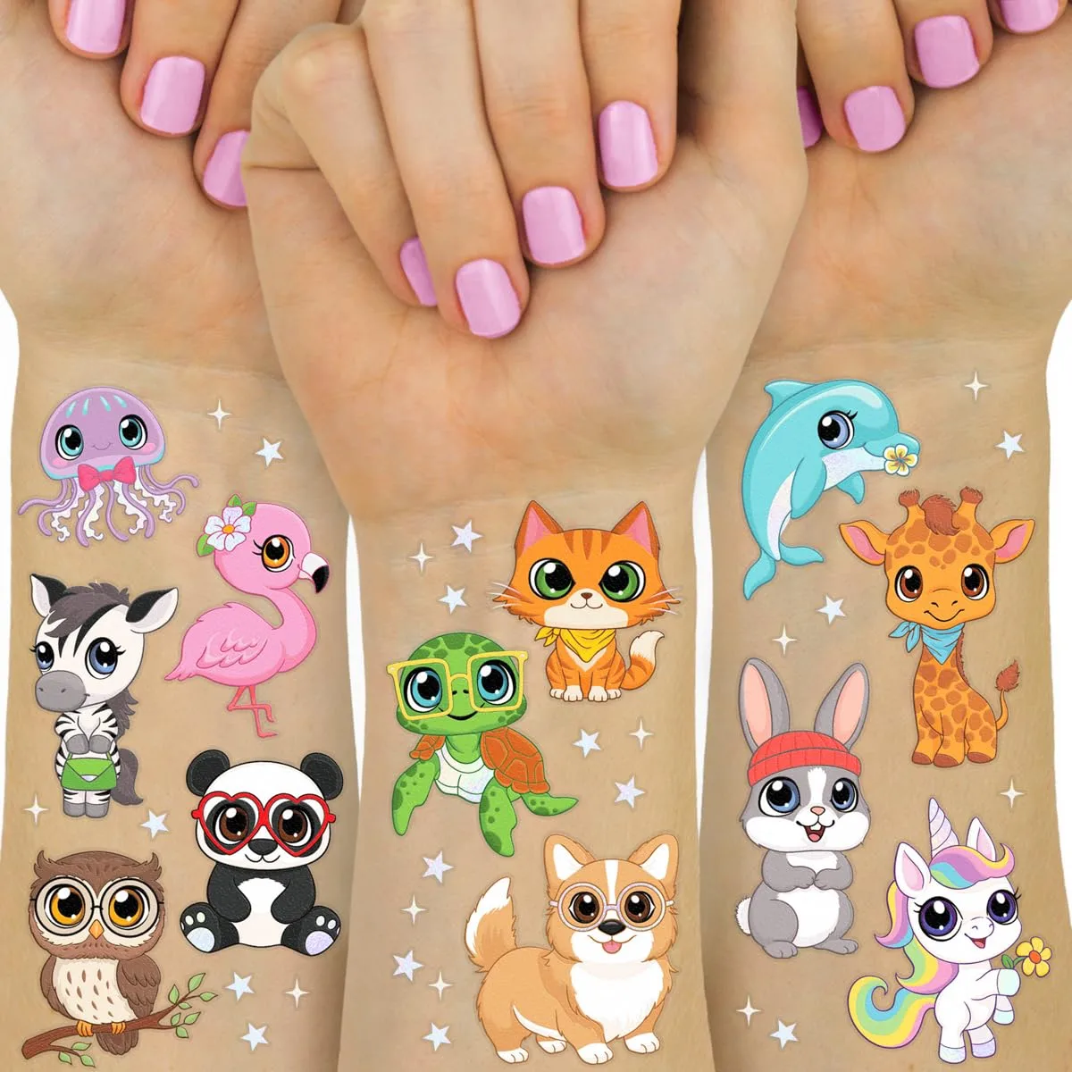 xo, Fetti Big Eyed Animals Temporary Tattoos - 2 Sheets | Kids Party Favors, Birthday, Cute Animals, Kawaii Iridescent Foil, Girls Birthday, Party Supplies, Goodie Bag Stuffers