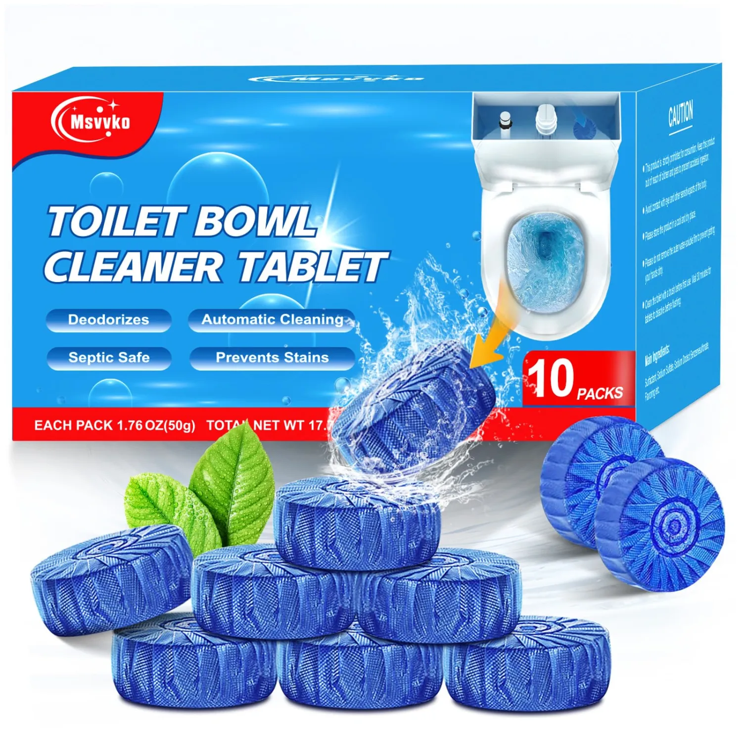 Msvvko Toilet Bowl Cleaners, Automatic Toilet Bowl Cleaner Tablets Blue Gel Powerful Clean, Septic Safe Toilet Tank Cleaner, Bathroom Deodorizer & Prevent Stain, Fresh Scent-10 PACKS