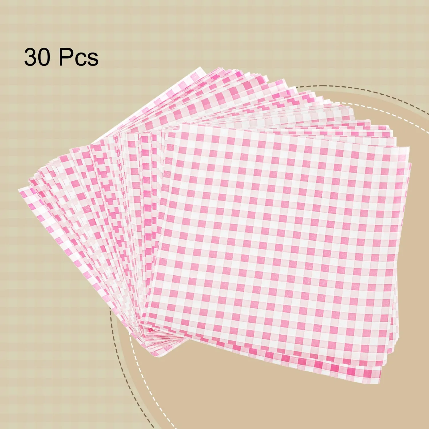 HARFINGTON 30pcs Square Checkered Wax Paper Sheets 7" x 7" Oil-absorbing Dry Food Wrapping Paper for Sandwich Baking Paper Liners Picnic Basket Bread Hamburger Wrap Kitchen, Pink