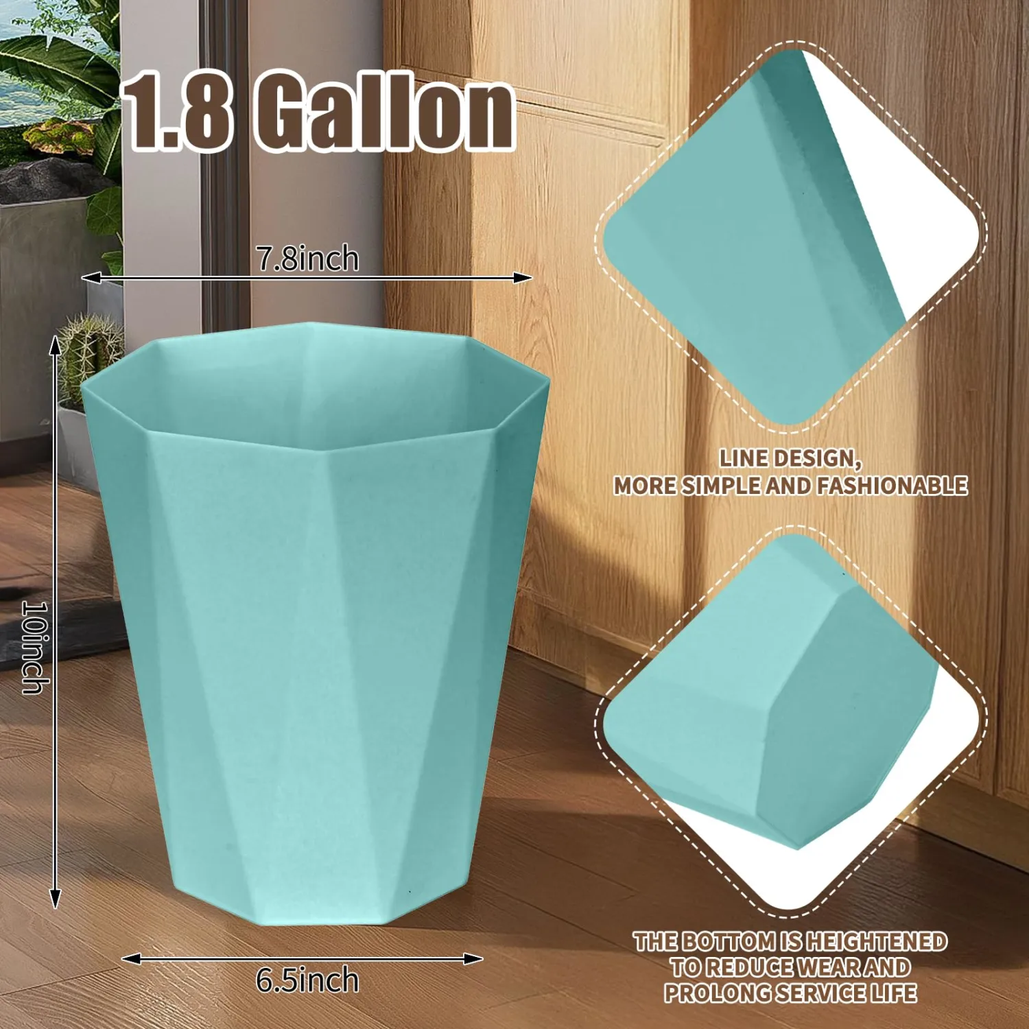 Plastic Trash Can - Waste basketbin for Office,Home,Bathroom,Kitchen - 1.8 Gallon - Green