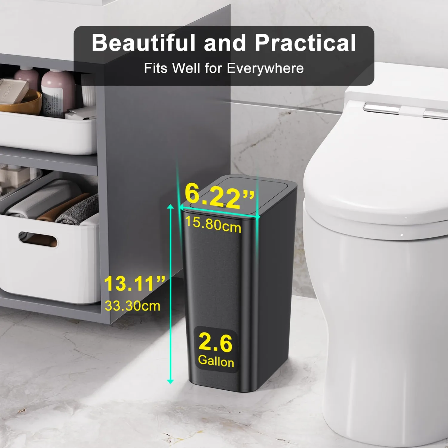 N. NETDOT 3 Pack 10L/2.6 Gal Bathroom Trash Can with Lid, Trash Bin with Press Lid, Small Trash Can/Slim Garbage Cans/Waste Basket for Bathroom,Kitchen,Office,Bedroom - Black,Gray,Off White