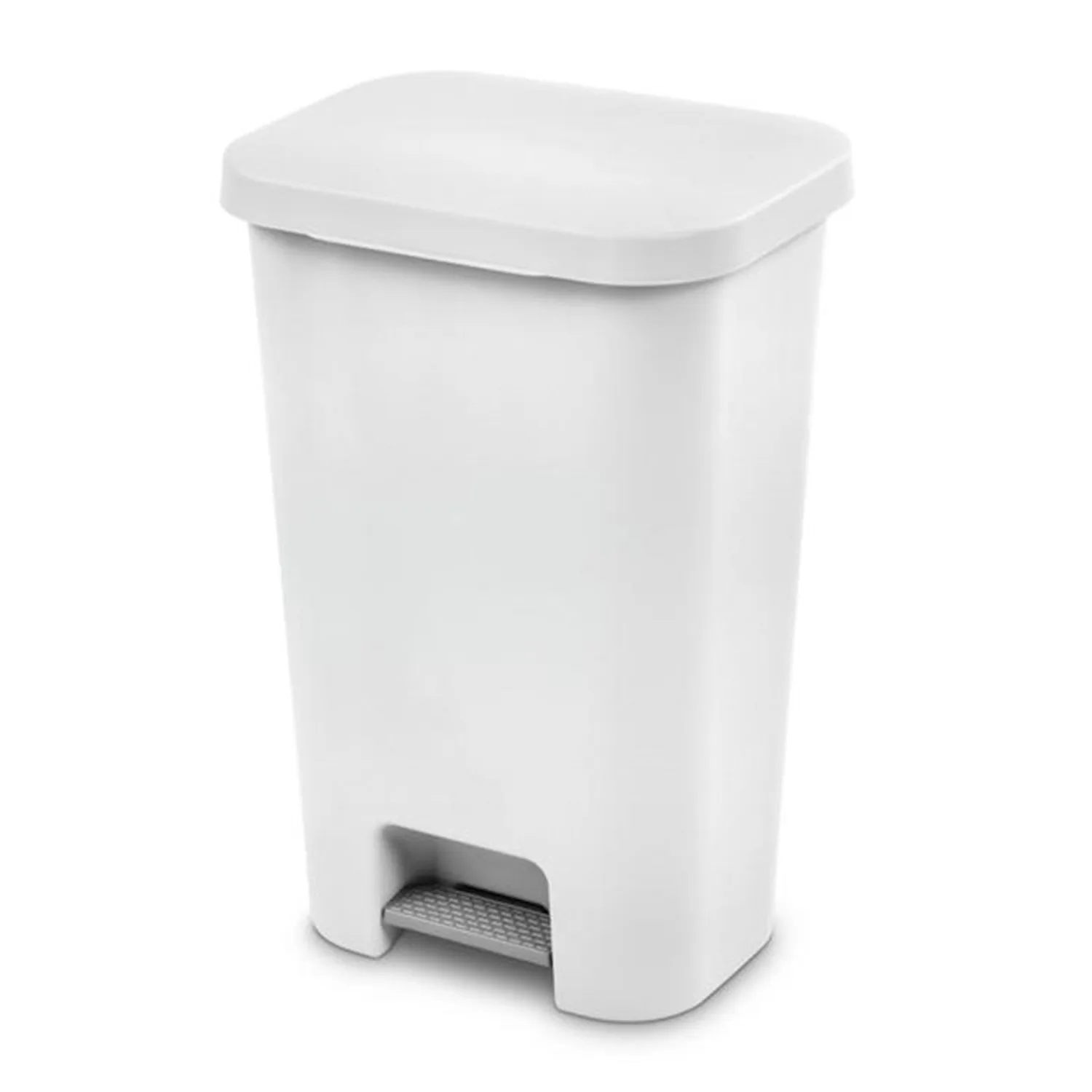 Sterilite 11.9 Gallon Rectangular Step On Kitchen Plastic Indoor Wastebasket with Wide Opening Lid and Comfort Handle for Home, White (4 Pack)