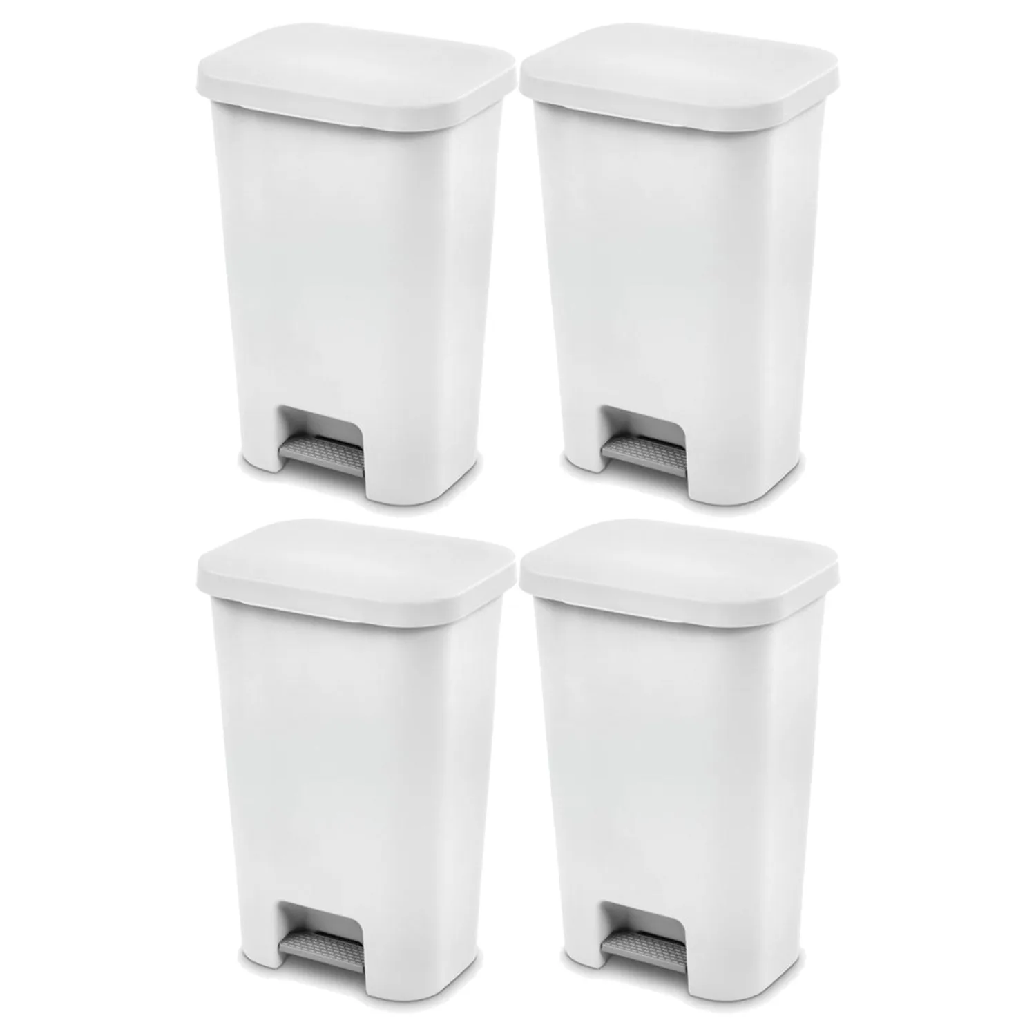 Sterilite 11.9 Gallon Rectangular Step On Kitchen Plastic Indoor Wastebasket with Wide Opening Lid and Comfort Handle for Home, White (4 Pack)