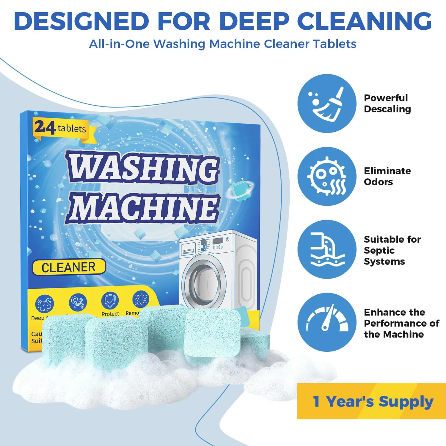 Washing Machine Cleaner Tablets, 24 Pack, Deep Cleaning Descaler and Suitable for Most Washer Machine Cleaner Front Loader and Top Load, Compatible with HE Models