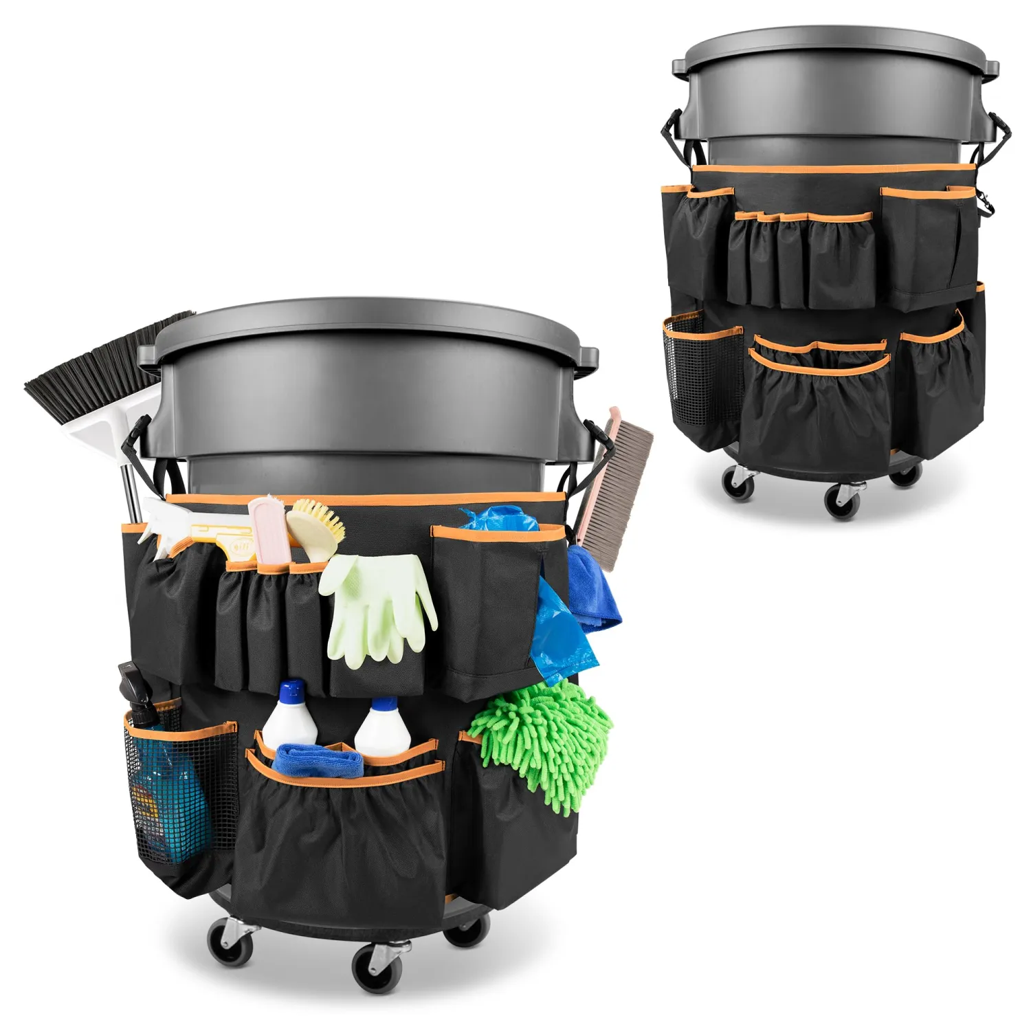 HODRANT Trash Can Caddy Bag Fit 32-55 Gallon Garbage Bin, Cleaning Caddy Bag with Adjustable Buckle for Industrial Trash Can, 13 Pockets Cleaning Tool Organizer for Cleaning Supplies, Orange Edge