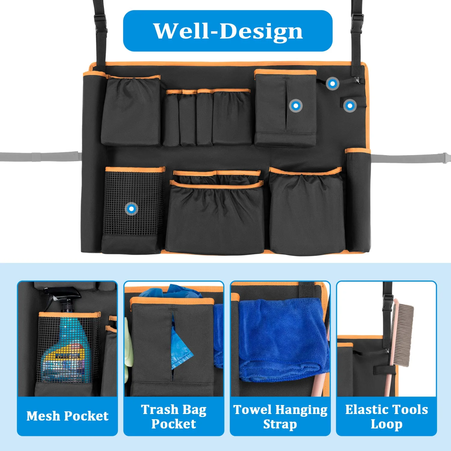 HODRANT Trash Can Caddy Bag Fit 32-55 Gallon Garbage Bin, Cleaning Caddy Bag with Adjustable Buckle for Industrial Trash Can, 13 Pockets Cleaning Tool Organizer for Cleaning Supplies, Orange Edge