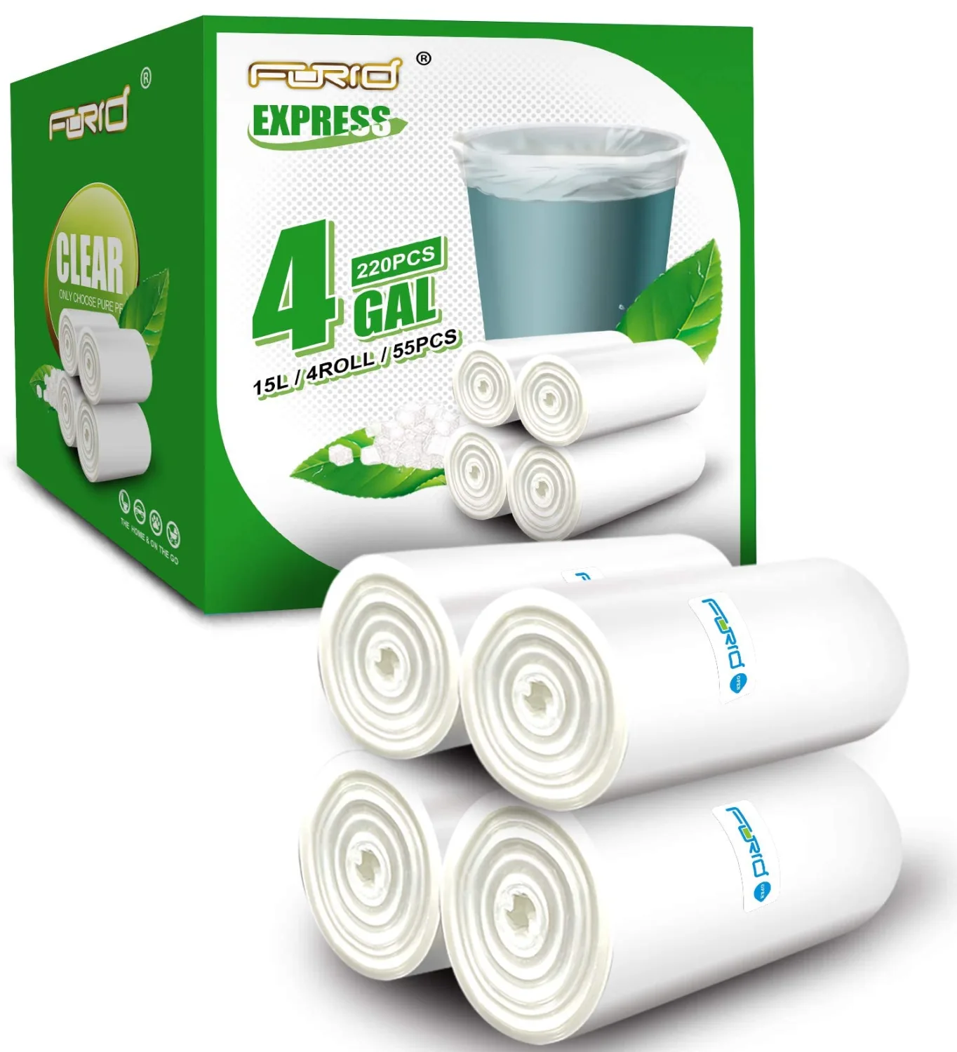 FORID Clear Small Trash Bags, 4 Gallon Garbage Bags, Wastebasket Bin Liners 220 Count Plastic Trash Bags for Bathroom Bedroom Office Garbage Can 15 Liters - Durable & Thick Trash Bag