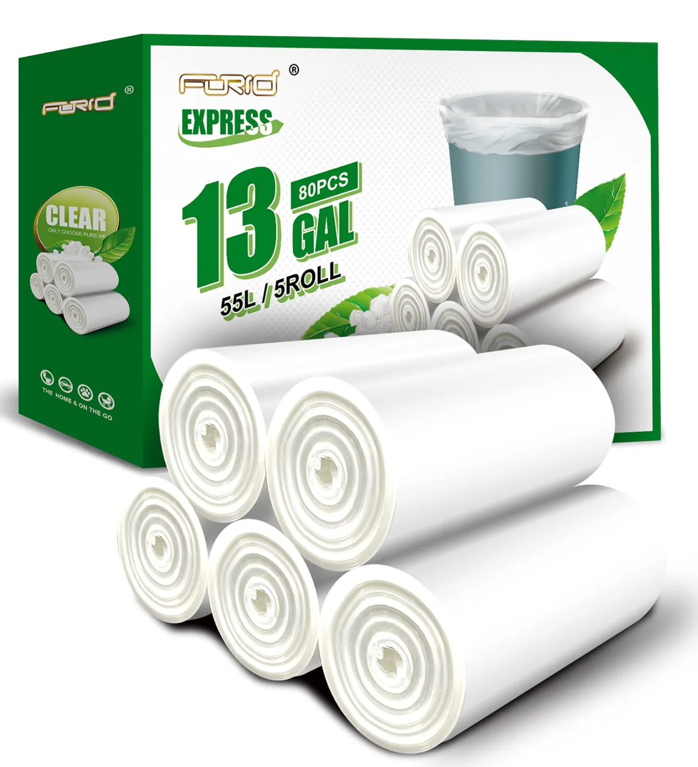FORID 13 Gallon Trash Bags - Clear Plastic Garbage Bag Unscented Tall Medium Can Liners for Kitchen Office Home Waste Basket 5 Roll 55 Liters 80 Counts