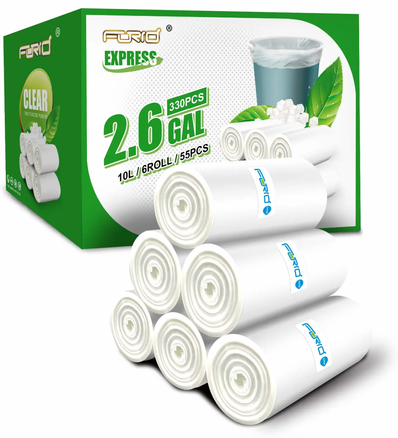 FORID Clear Small Trash Bags, 2.6 Gallon Garbage Bags, Wastebasket Bin Liners 330 Count Plastic Trash Bags for Bathroom Bedroom Office Garbage Can 10 Liters - Durable & Thick Trash Bag