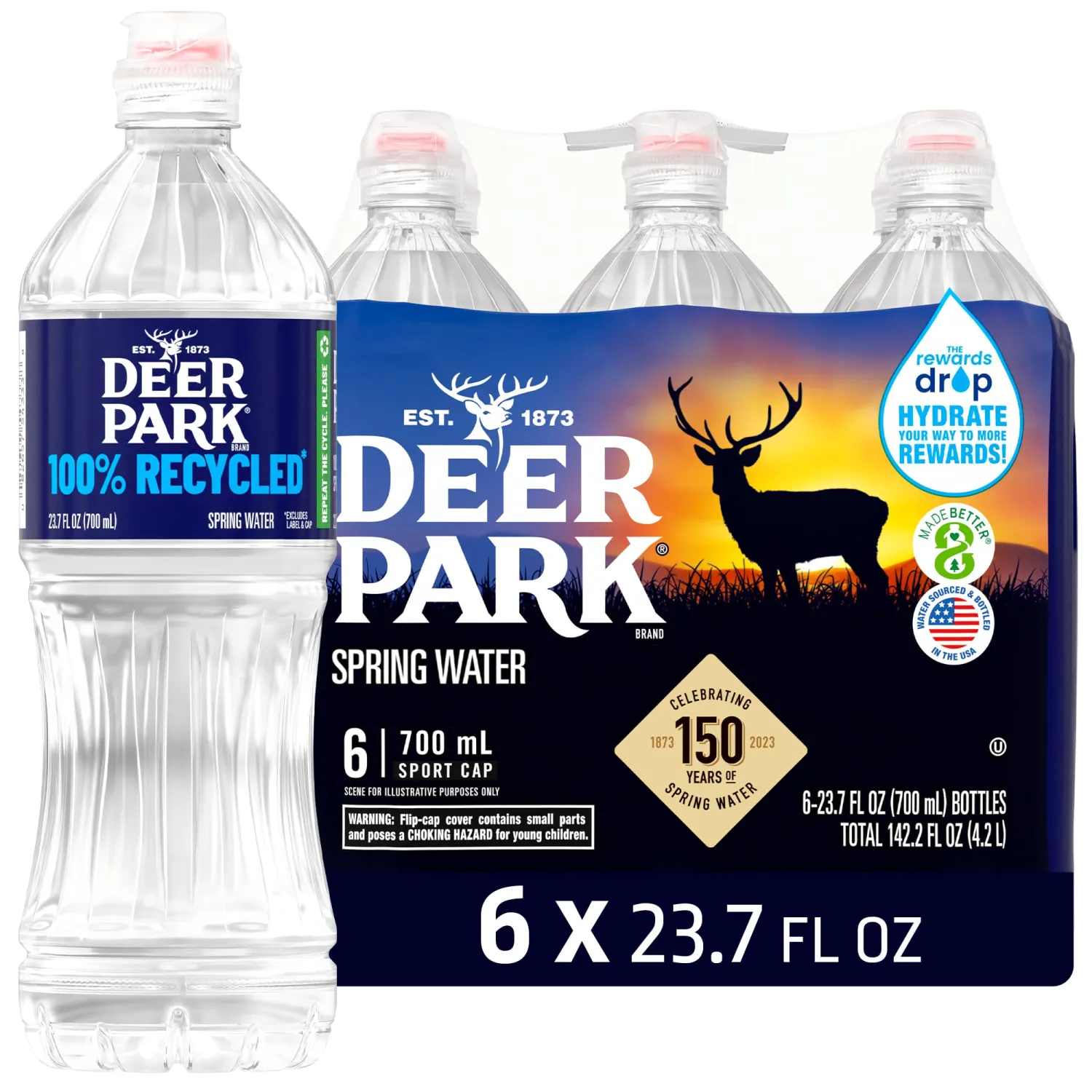 Deer Park Spring Water, 6 Pack - Crisp Refreshing Taste - 23.7 Fl Oz Sports Bottle with Flip Cap