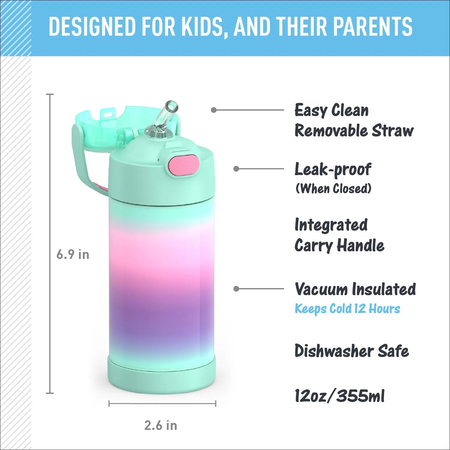THERMOS FUNTAINER Water Bottle with Straw - 12 Ounce - Kids Stainless Steel Vacuum Insulated Water Bottle with Lid, Mint Ombre