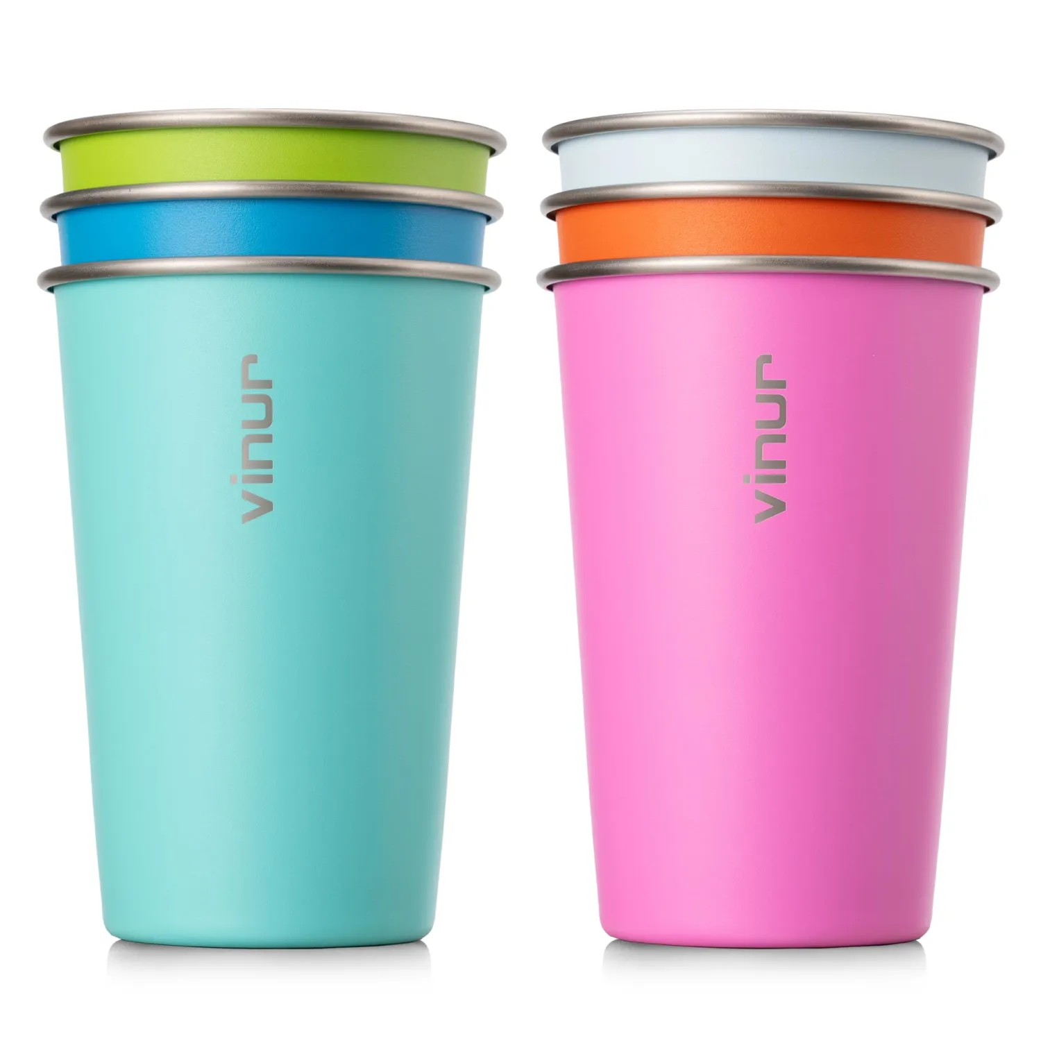 VINUR Stainless Steel Cups-6 Pack 16 oz Pint Cup Tumbler Stackable Colorful Metal Drinking Glasses for Camping, Restaurant, Bar