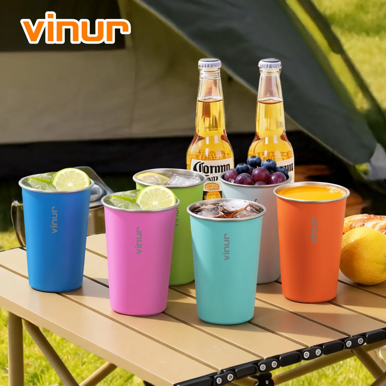VINUR Stainless Steel Cups-6 Pack 16 oz Pint Cup Tumbler Stackable Colorful Metal Drinking Glasses for Camping, Restaurant, Bar